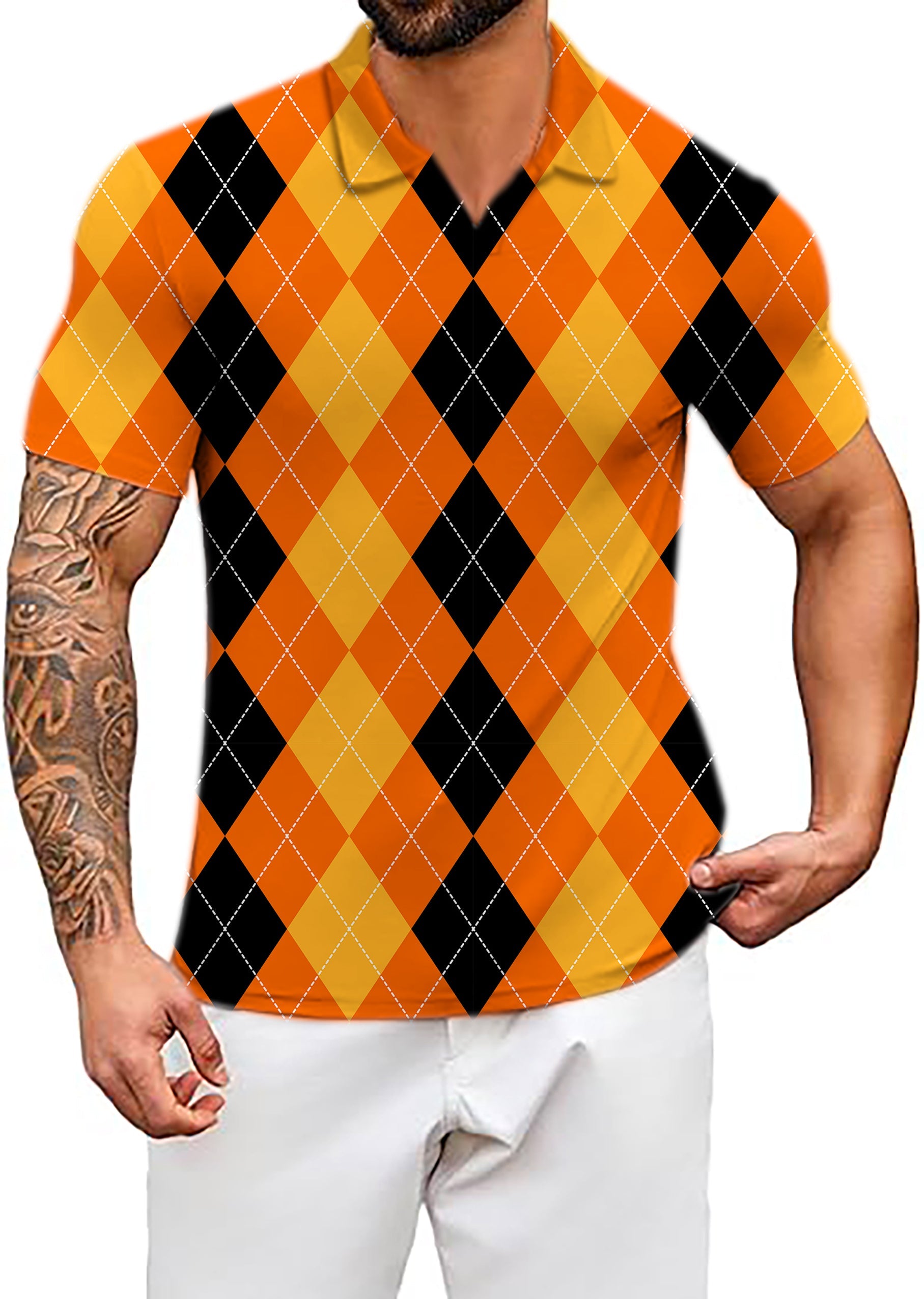 Men's Coconut Palm Halloween black yellow orange argyle V neck golf polo shirt with four-way stretch and moisture-wicking fabric