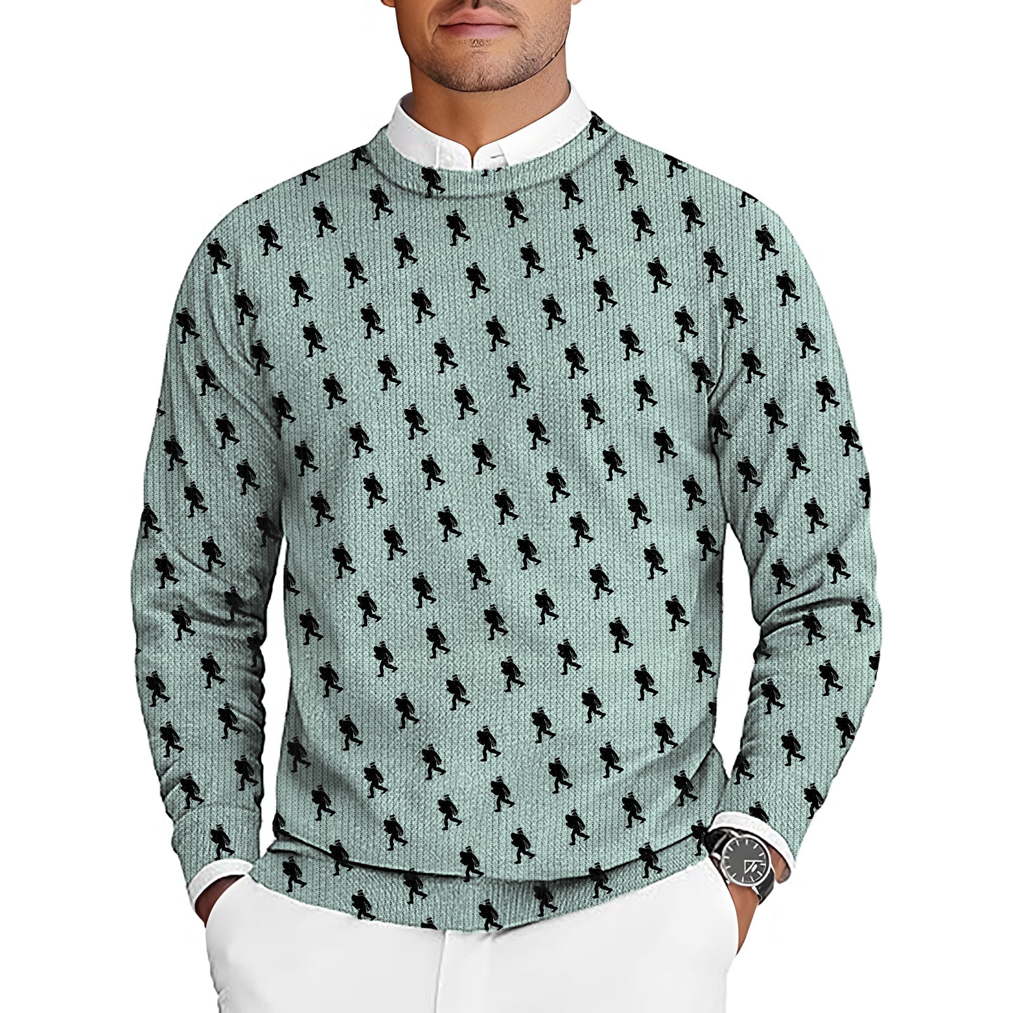 Bigfoot men's golf crewneck pullover ugly sweater with small black Bigfoot pattern on light green background