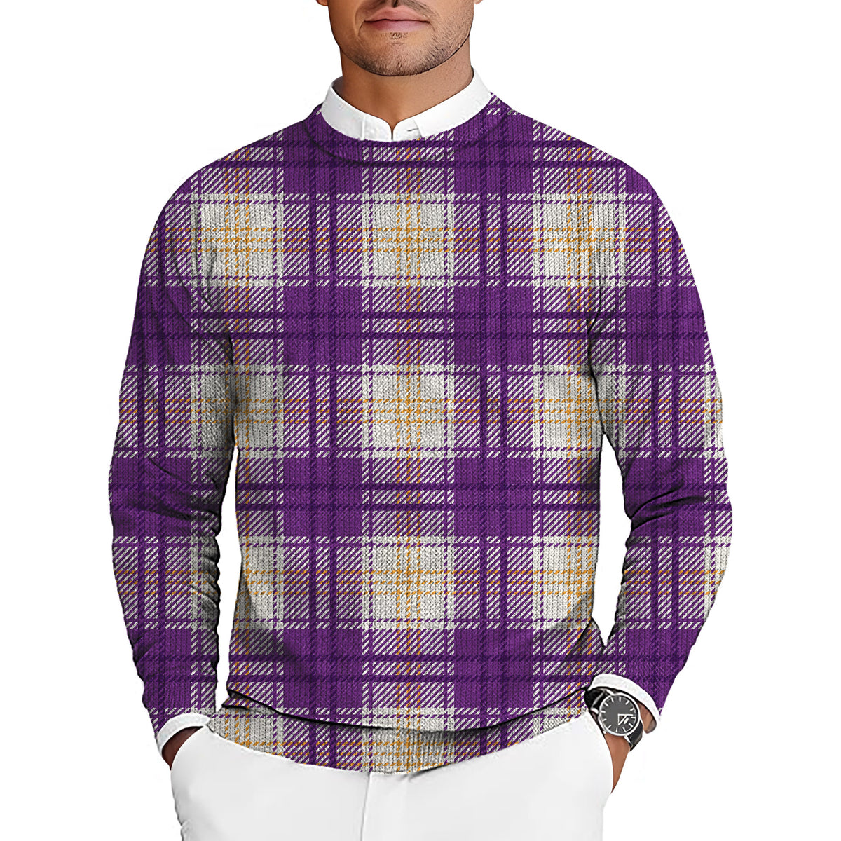 Halloween purple and yellow grid pattern Men's Golf Crewneck Pullover Sweaters Ugly Sweater