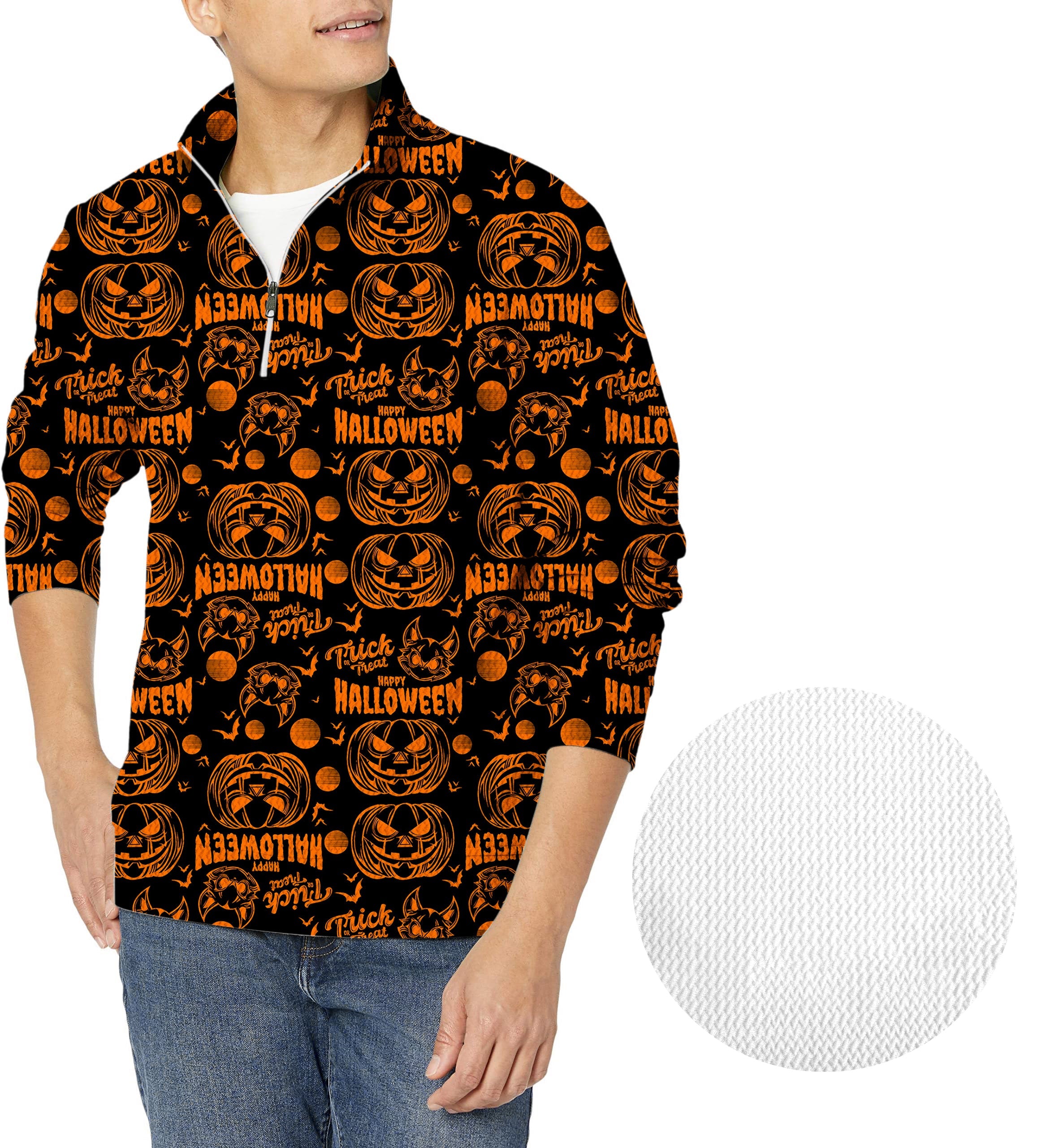 Men's Happy Halloween Pumpkin golf waffle zipper pullover with festive orange pumpkin pattern