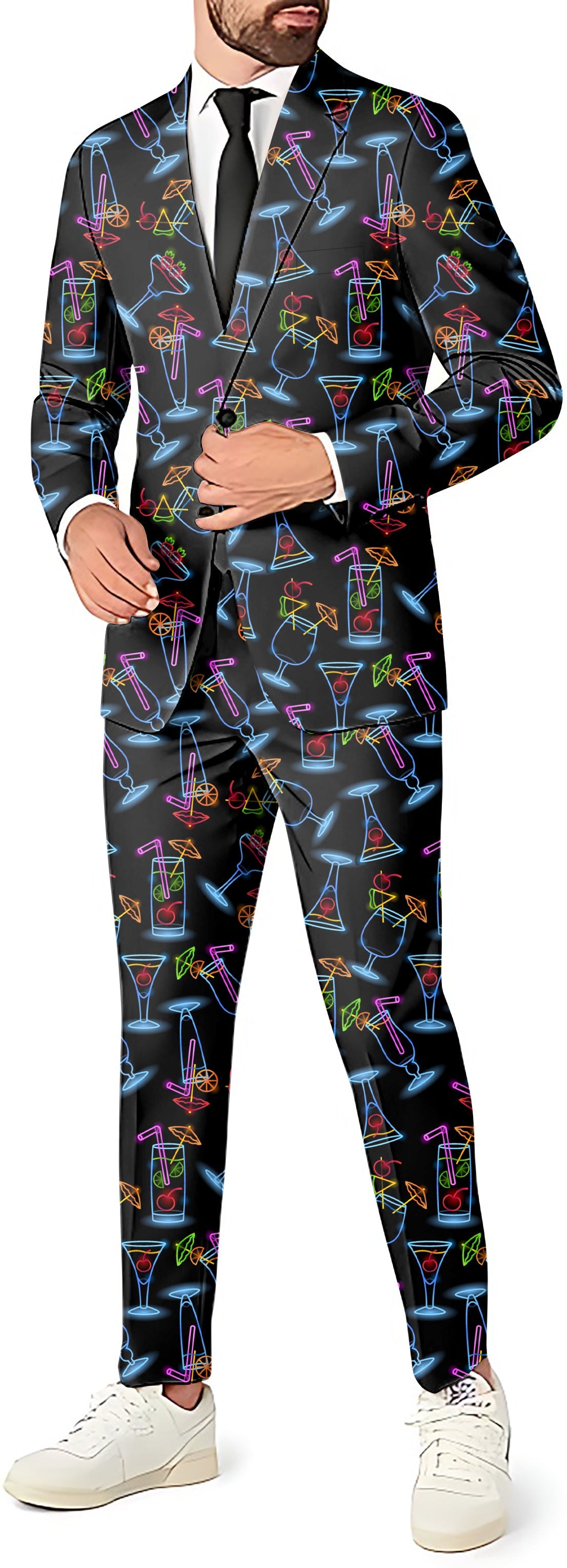 Neon Drinker Men's party costume suit with cocktail print blazer, pants, and vest