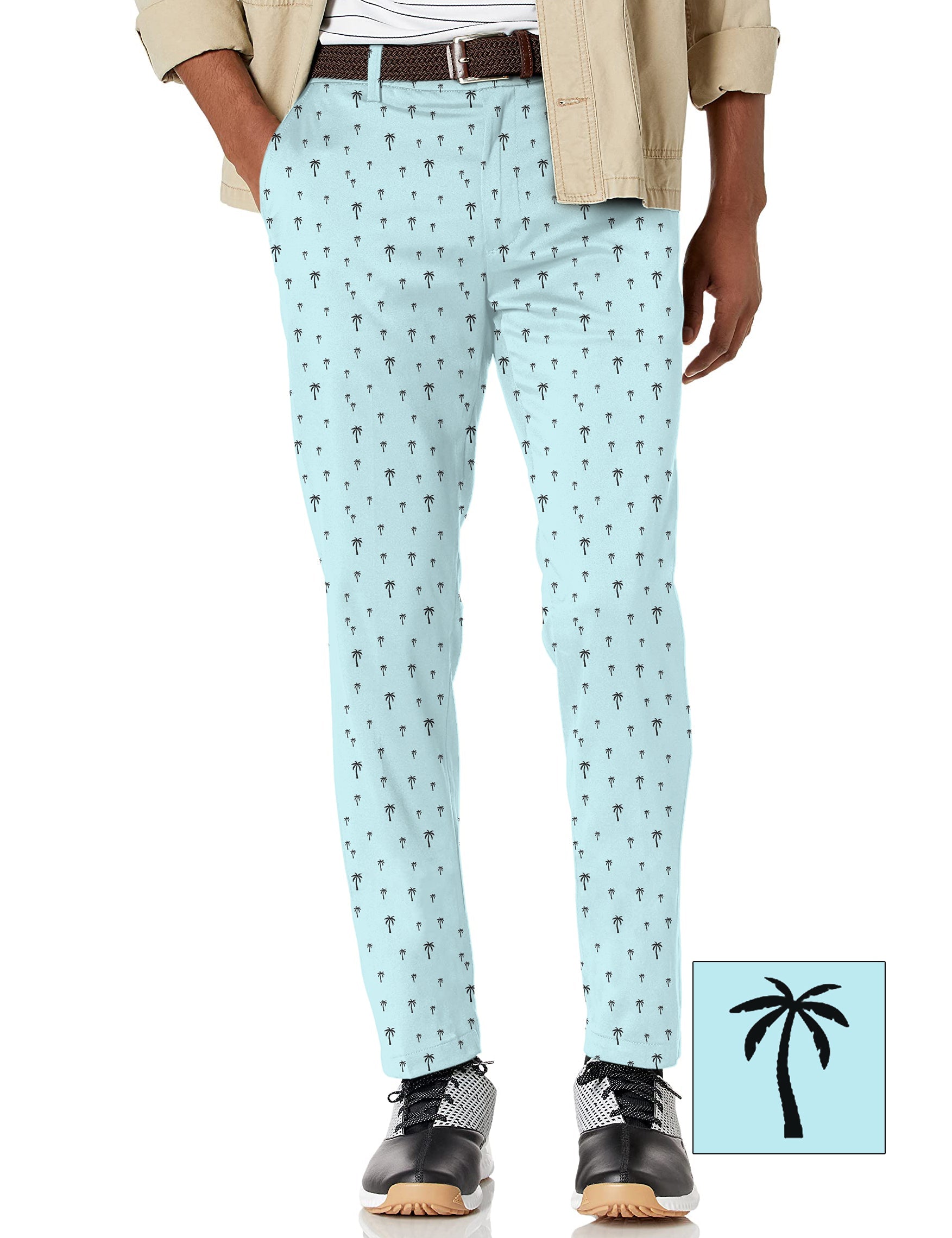 Men's light blue stretch golf pants with palm tree pattern and moisture-wicking fabric