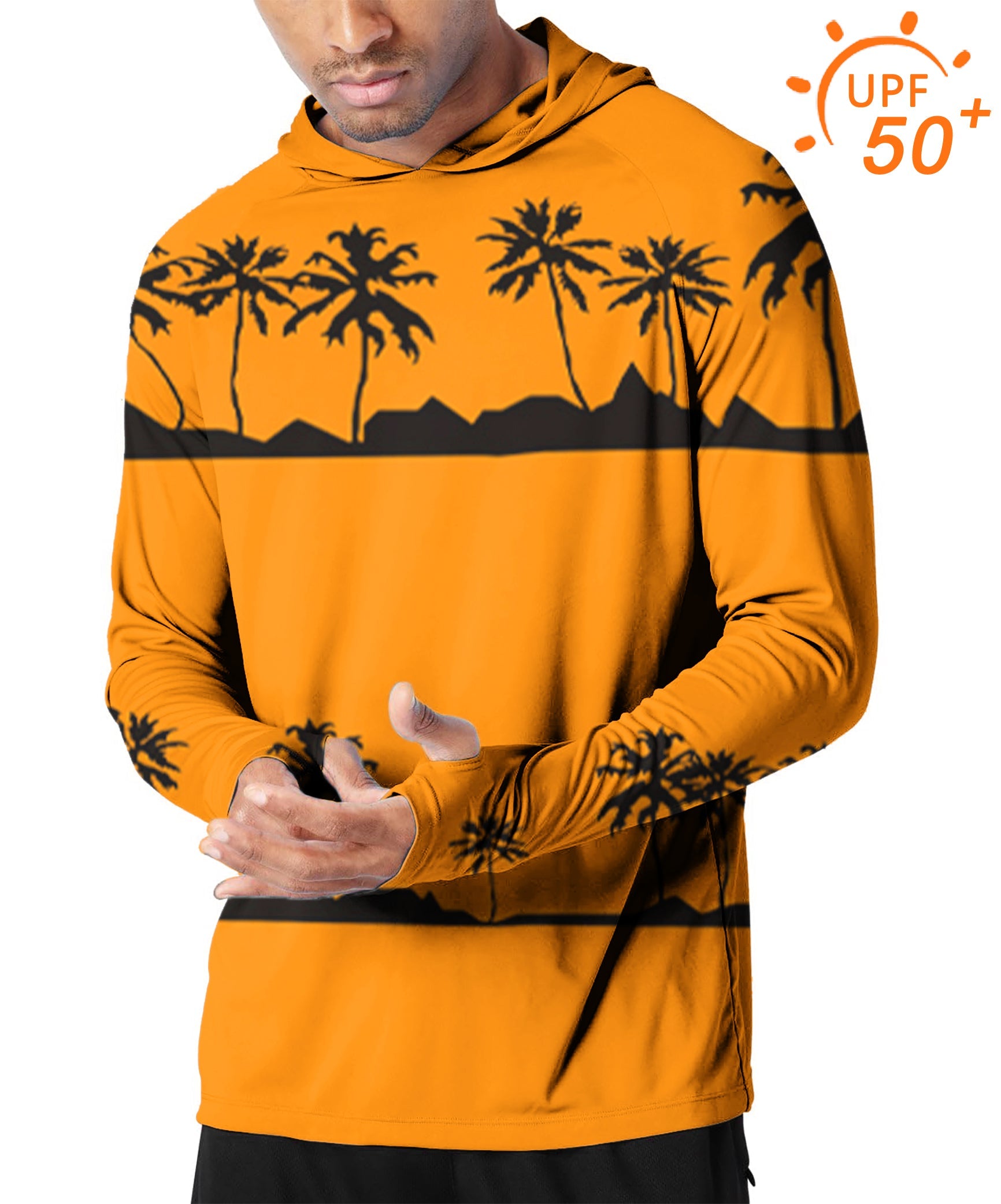 Men's outdoor setting sun and coconut trees slim fit hoodie with UPF 50+ sun protection