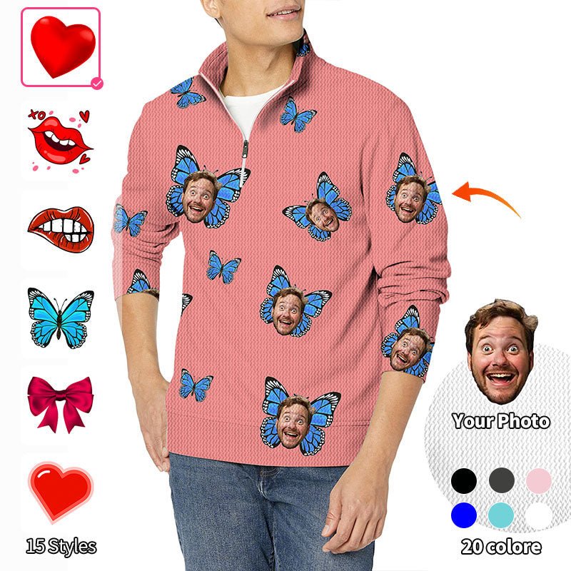 Valentine's Day Custom Photo Face Custom Color Hot Pink Love Men's Golf Waffle Zipper Pullover