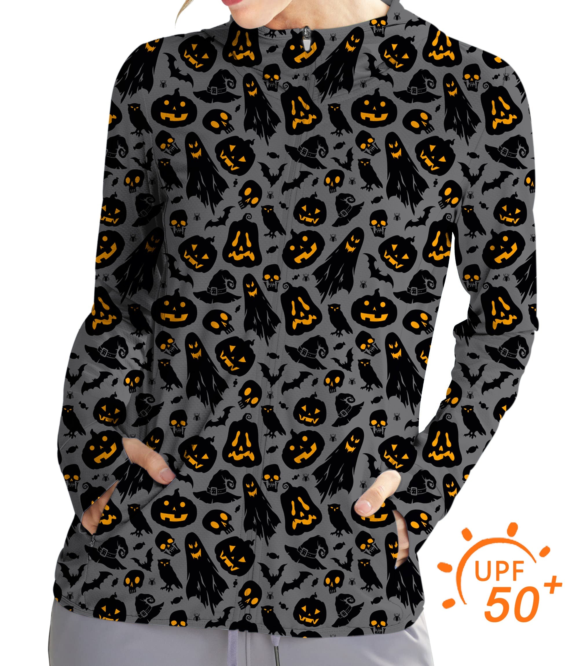 Women's outdoor spooky Halloween golf sun protection slim fit zip hoodie with UPF 50+