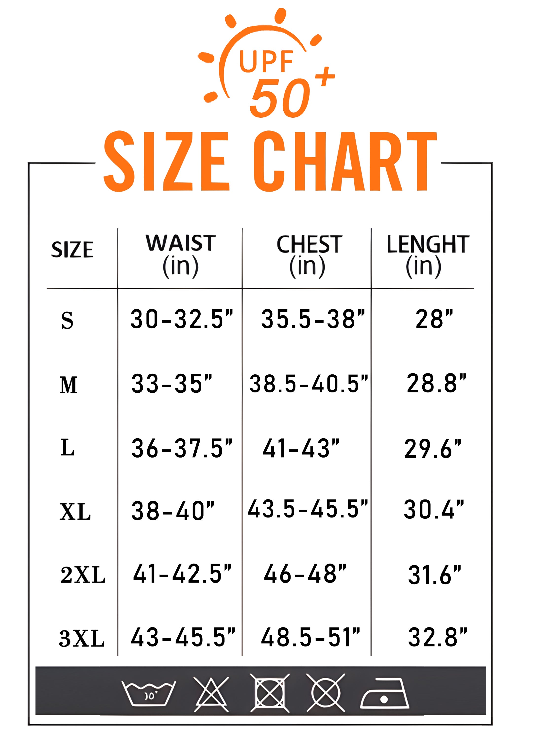 Size chart for men's outdoor Christmas Santa reindeer summer golf sun protection slim fit hoodies with UPF 50+ rating.