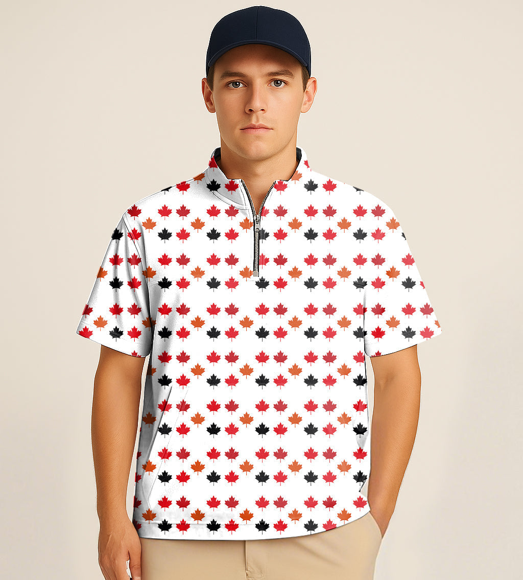 Man wearing half zipper turtleneck golf shirt with multicolor maple leaf embroidery