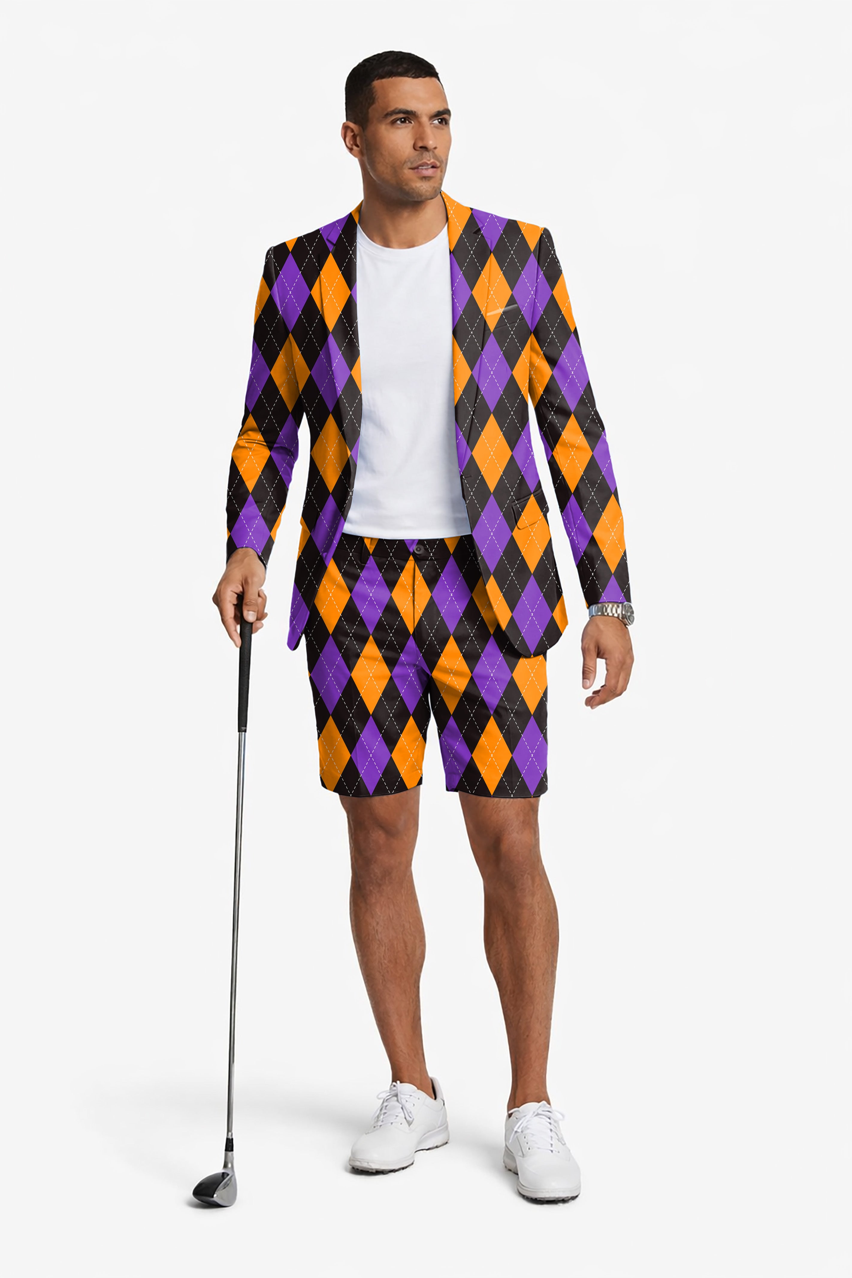 Orange purple and black argyle Men's Party Costumes-Theme Party 2pcs Suit set-Blazer Shorts