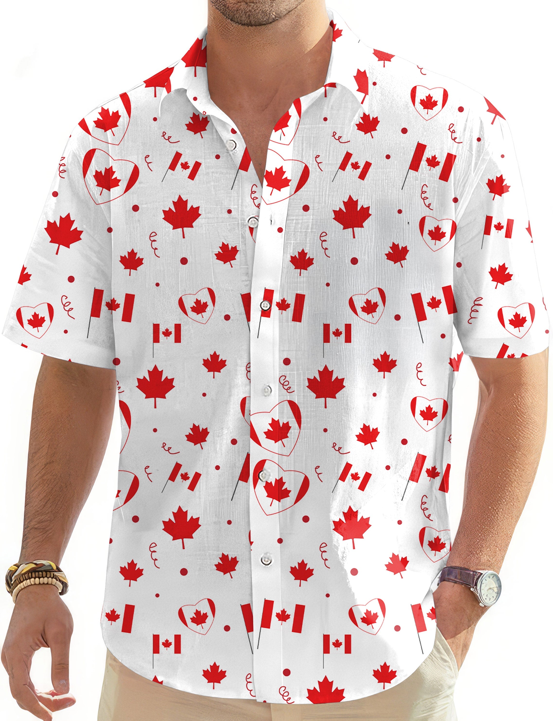 Men's Canadian Patriotic Flag short sleeve Hawaiian shirt with red maple leaf and flag print