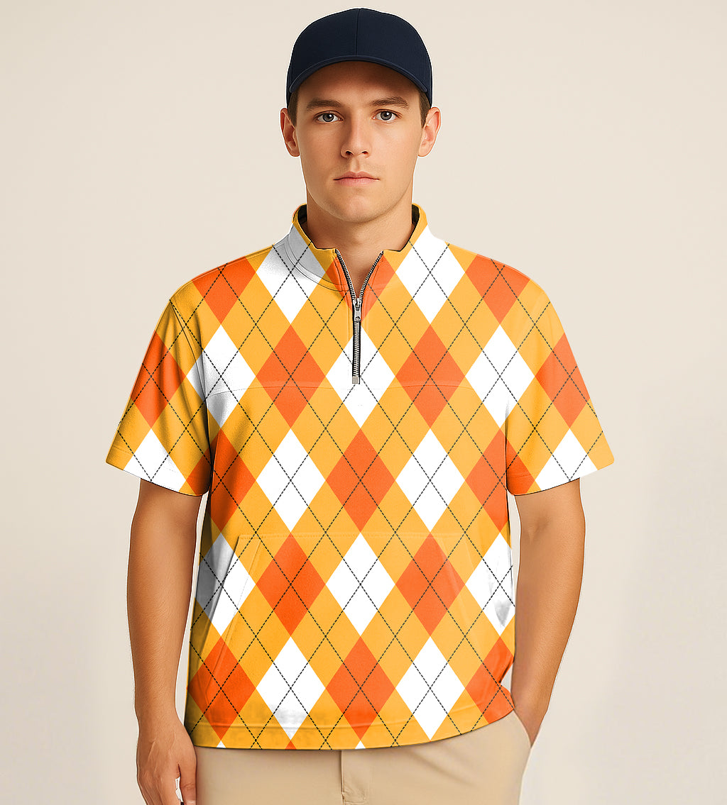 Men's half zipper turtleneck golf shirt with orange and white argyle Halloween embroidery