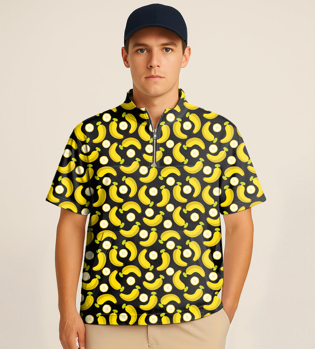 Half zipper turtleneck golf shirt with Halloween bananas and banana peels embroidery design
