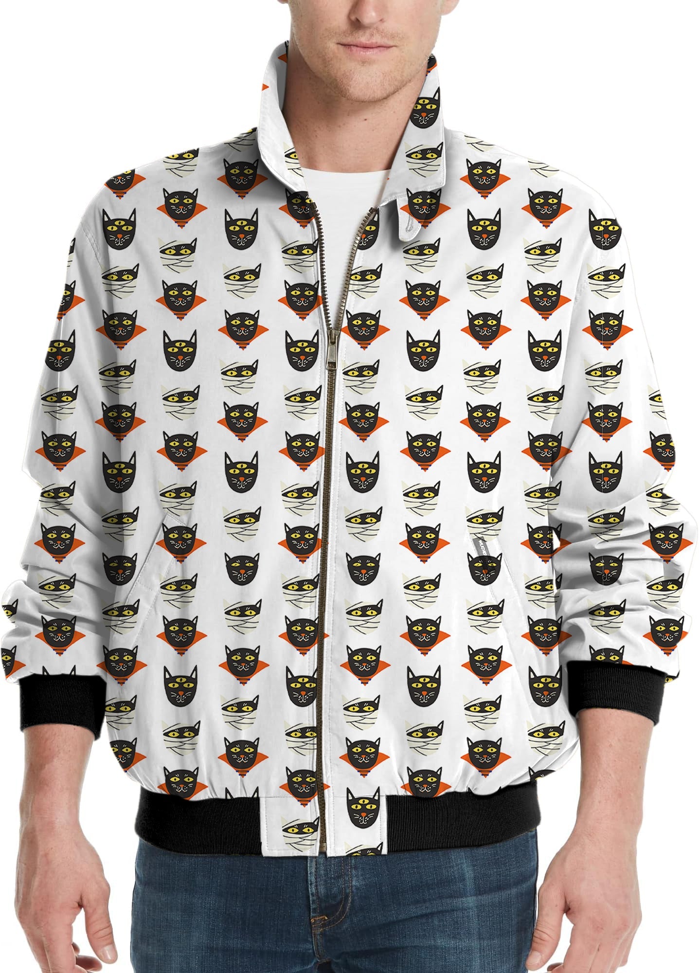 Men's golf windbreaker jacket with Halloween mummy cat pattern on white background