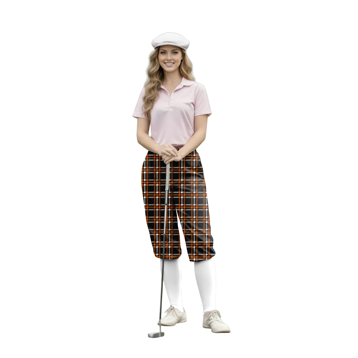 Personalize And Add To Cart Men's Halloween black yellow white grid Polo Womens Golf Knickers Pants