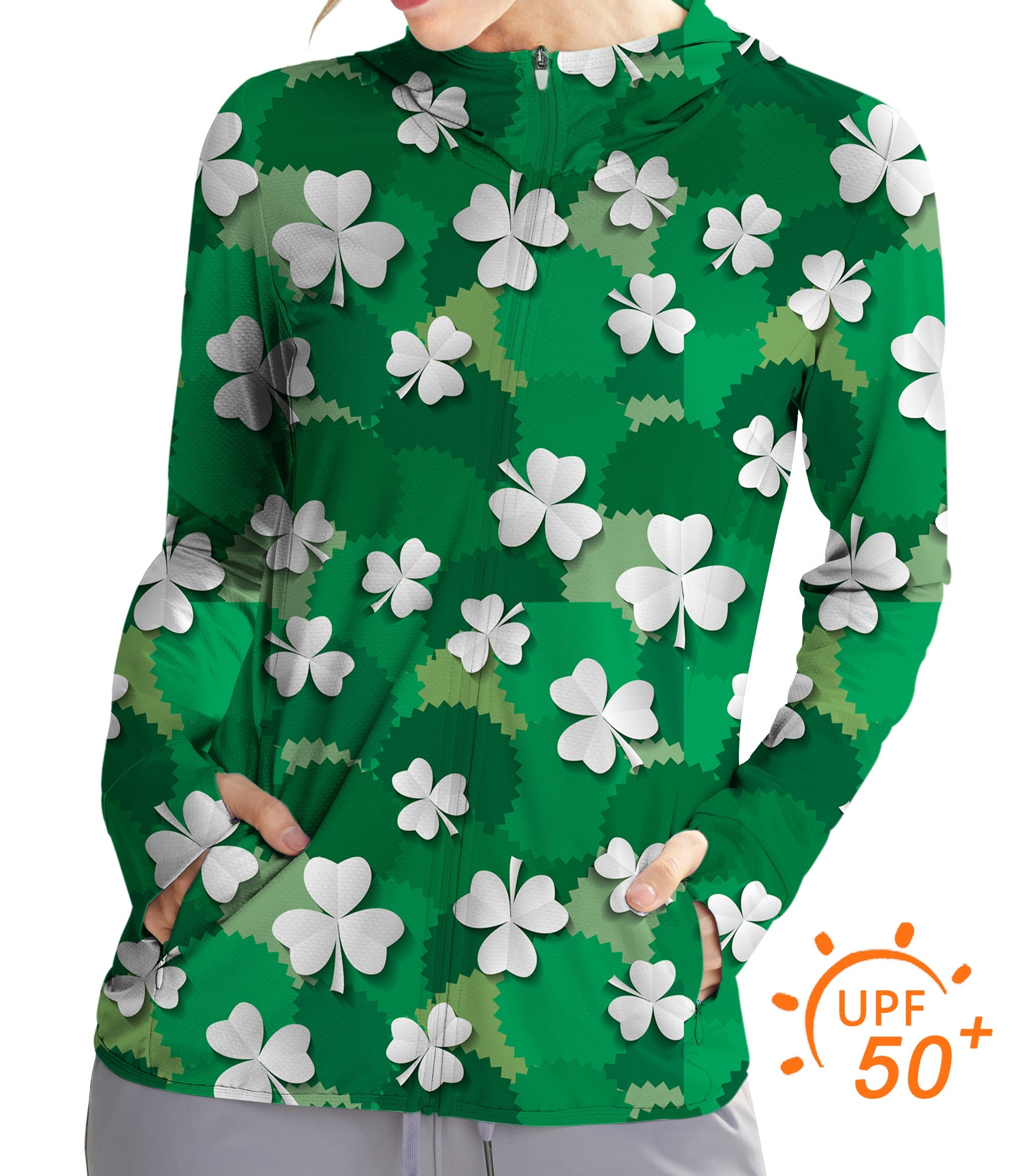 Women's outdoor leaf clover print St. Patrick's Day golf sun protection slim fit zip hoodie with UPF 50+