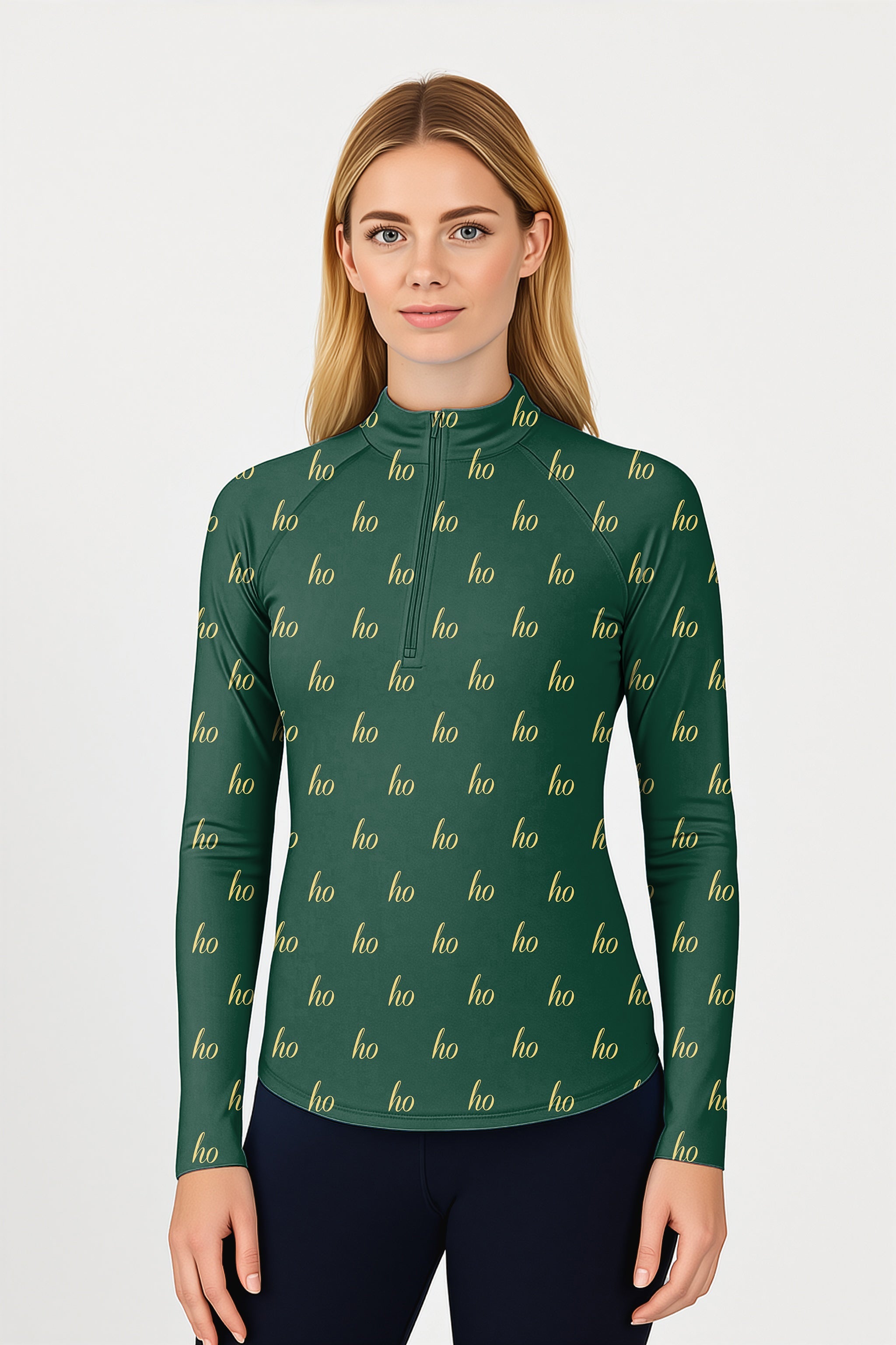 Dark green women's 3/4 zip long sleeve golf top with custom name and "ho" print, lightweight and sun-safe activewear