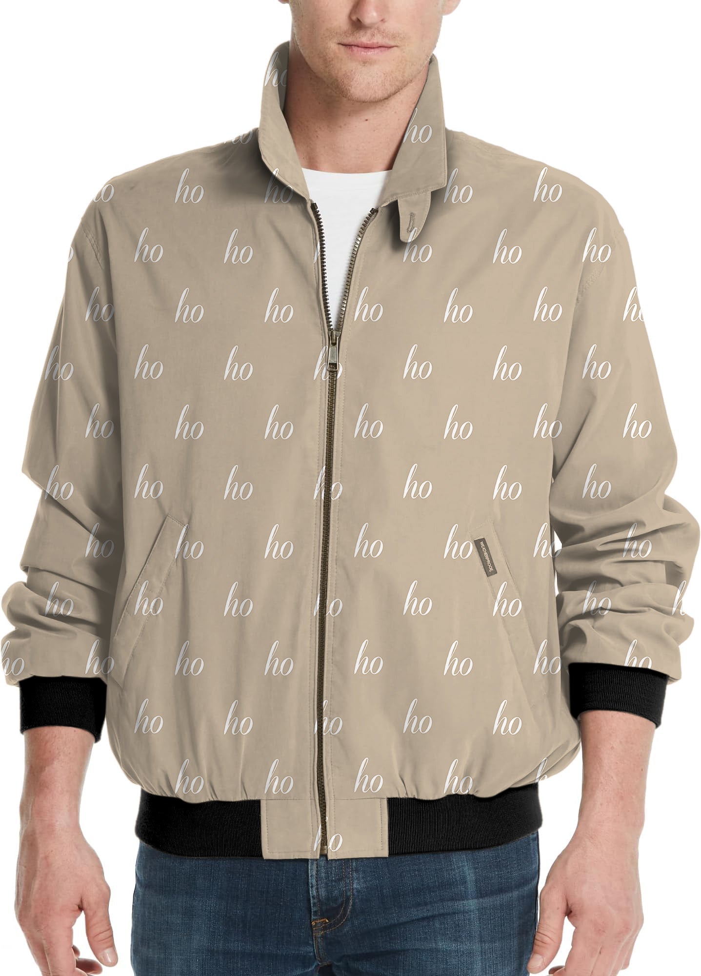 Beige custom name men's golf windbreaker jacket with zipper and black cuffs