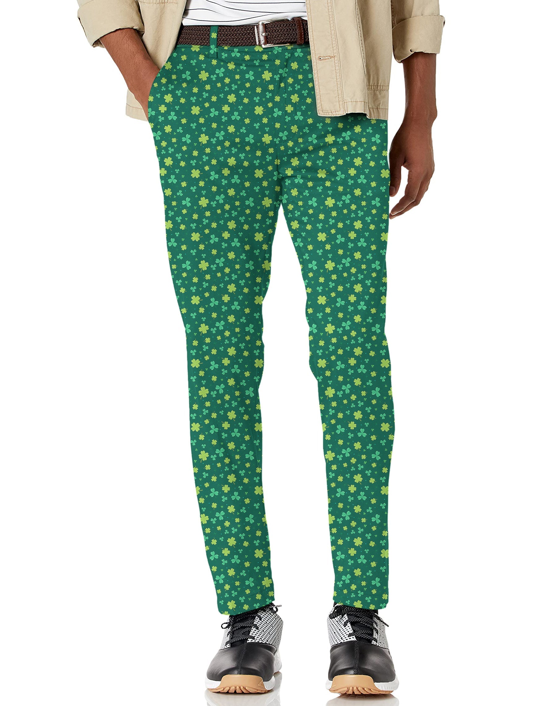 Men's St. Patrick's Day stretch golf pants with leaf clover pattern and moisture-wicking fabric