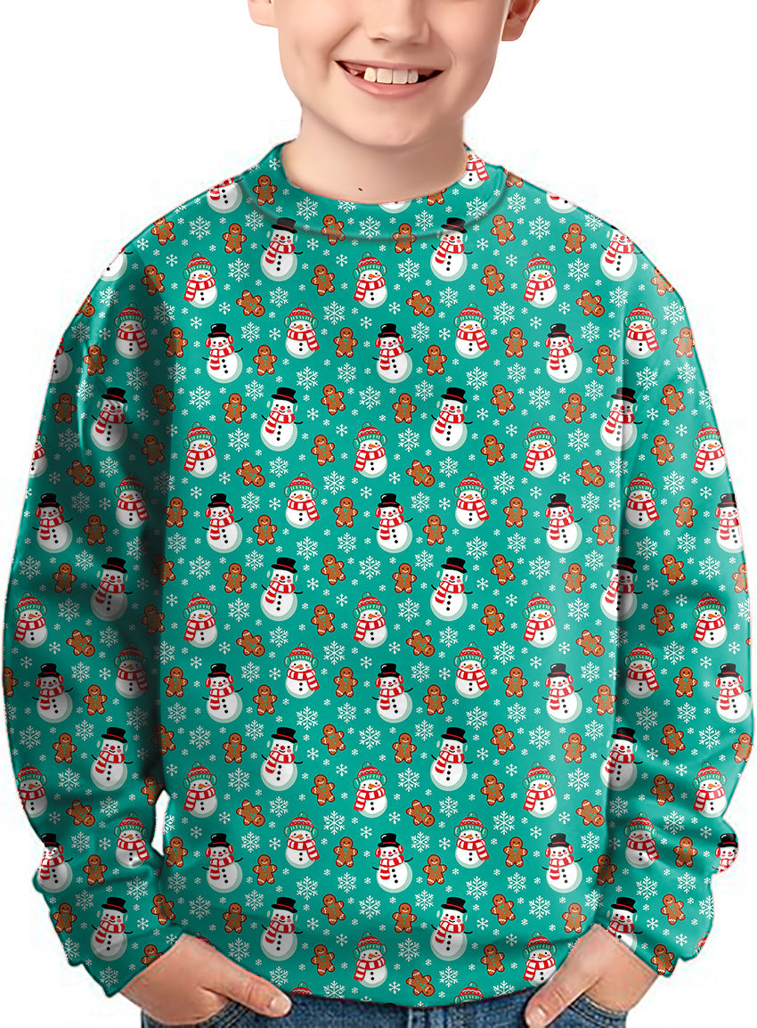 Kids blue crewneck pullover with gingerbread snowman and Christmas pattern