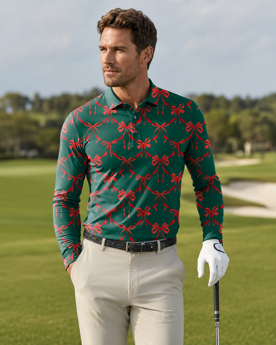 Men's Christmas red knot detail Long-sleeved Polo