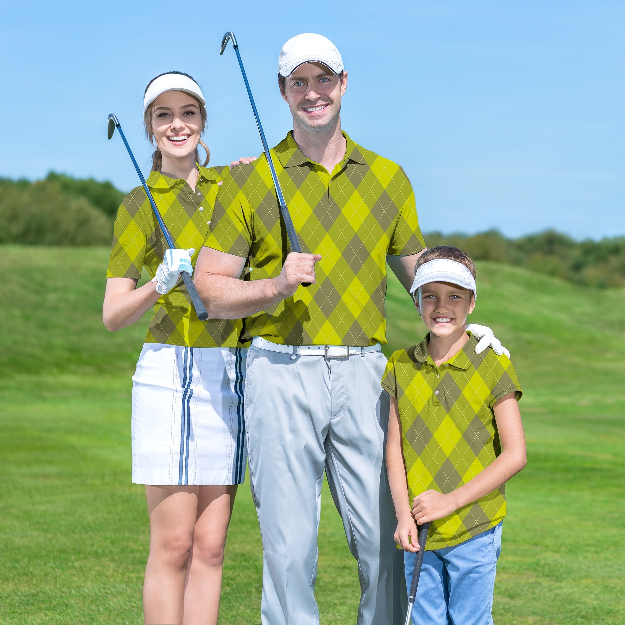 Family wearing Yollow Argyle set golf shirts on a sunny golf course