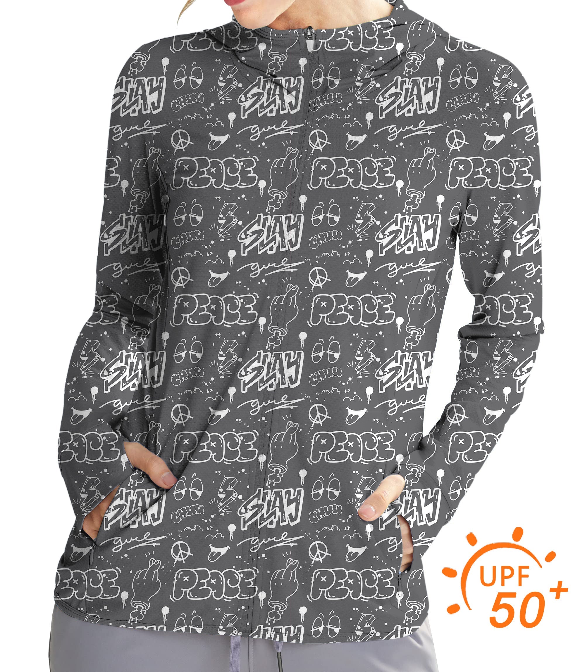 Women's outdoor gray slim fit zip hoodie with sun protection and UPF 50+ fabric