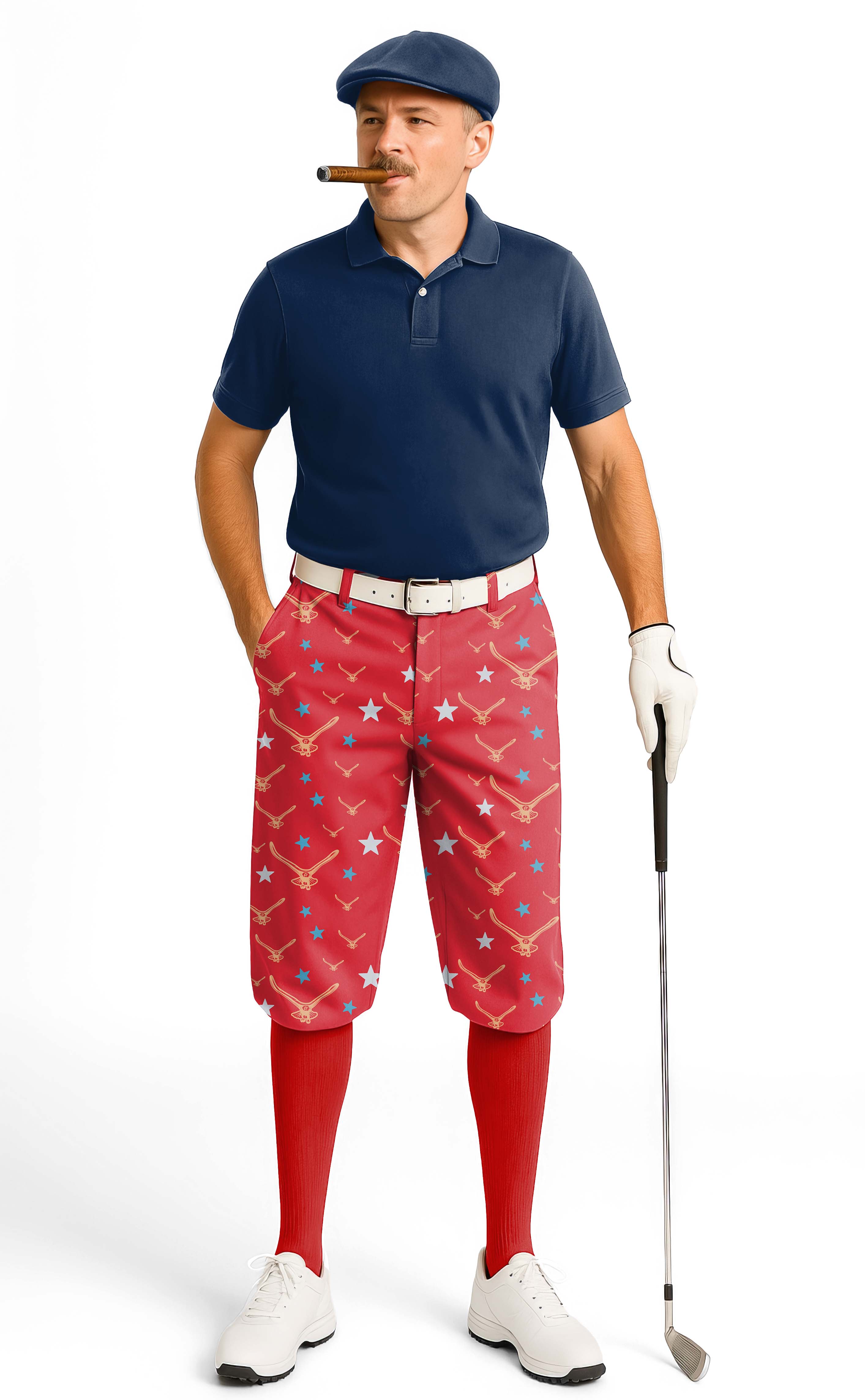 Man wearing limited edition star eagle men's golf knickers pants with ankle cuffs and star pattern