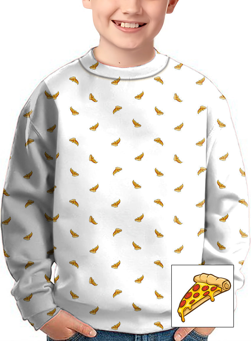 Kids white crewneck pullover with delicious white pizza slice pattern design