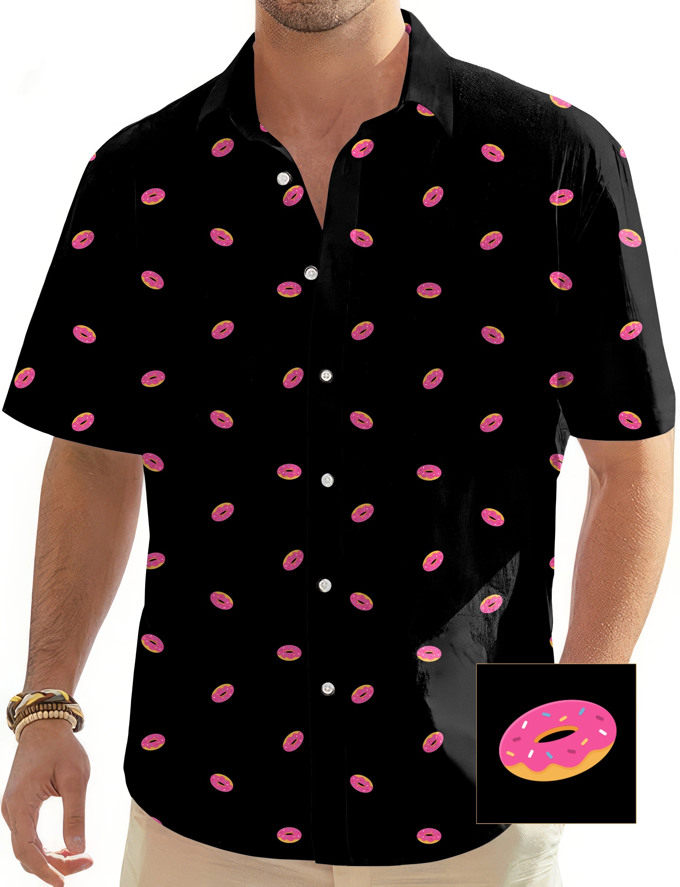 Men's black Hawaiian shirt with pink donut pattern and button-down front