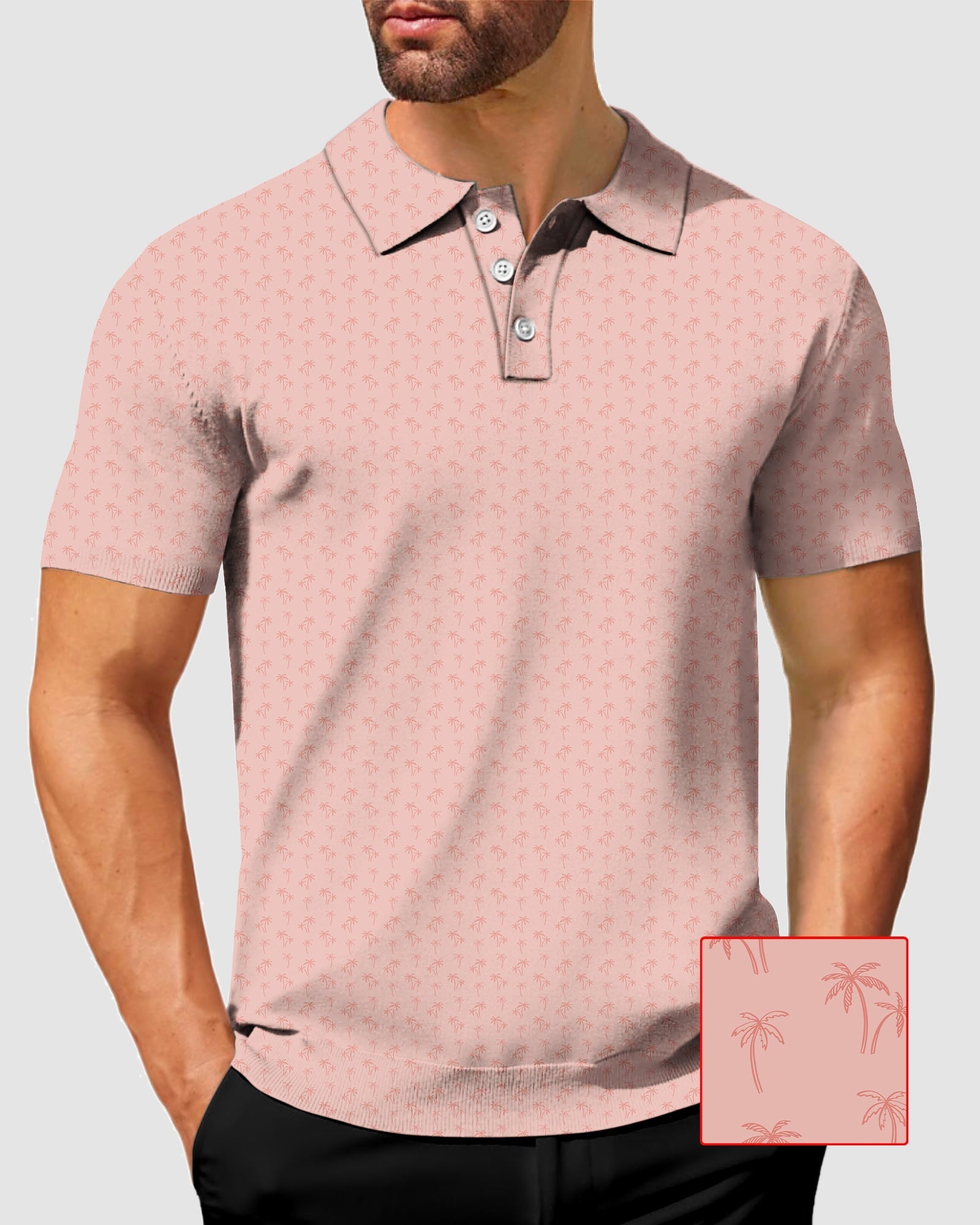 Men's pink polo shirt with subtle coconut tree pattern, four-way stretch, moisture-wicking fabric, and UPF 40+ protection