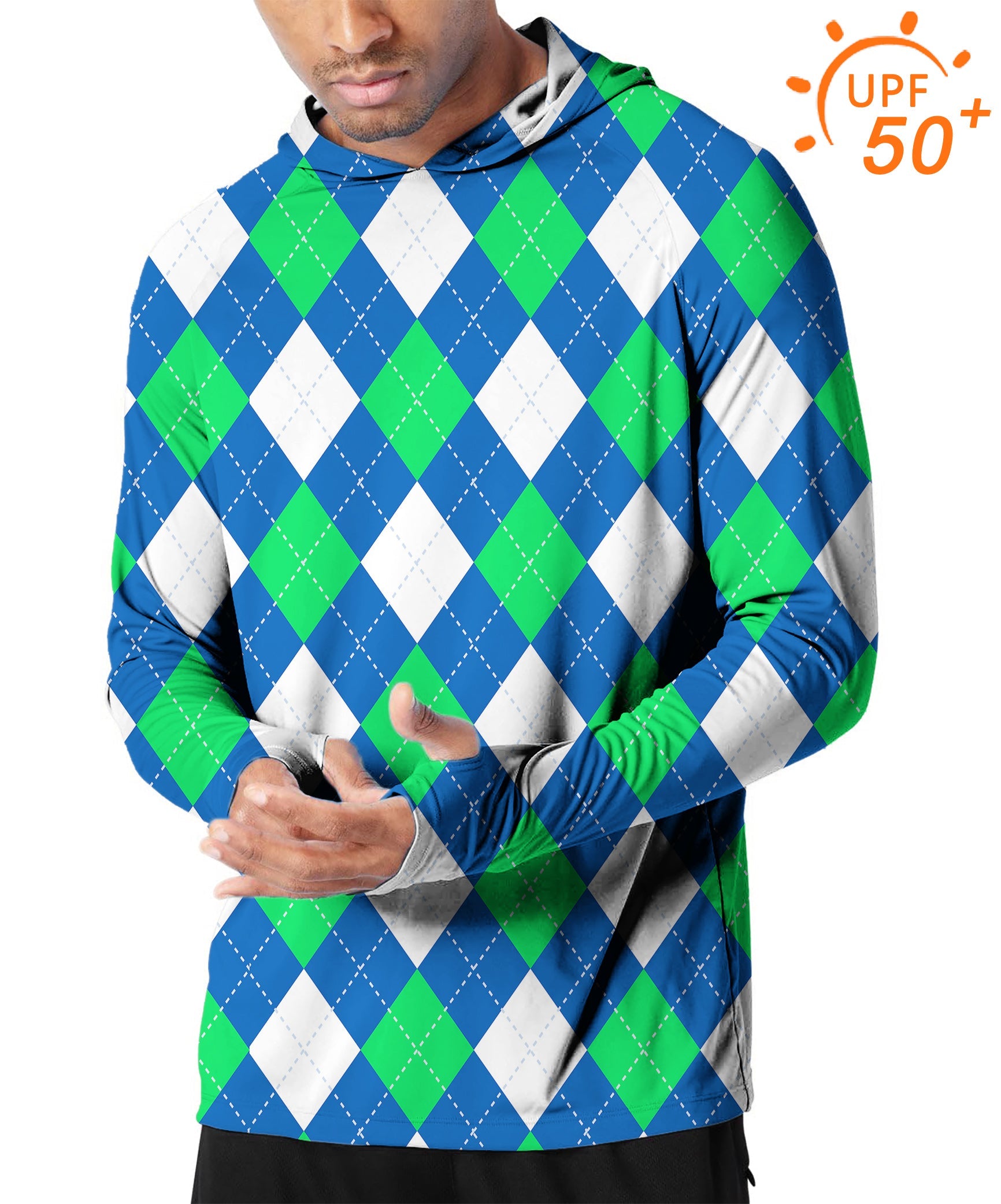 Men's outdoor argyle green blue slim fit golf hoodie with UPF 50+ sun protection and thumb holes