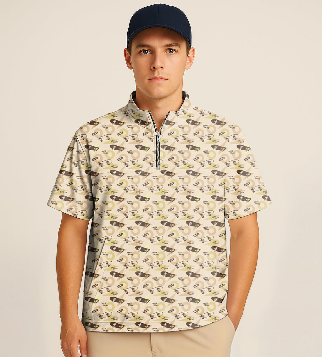 Man wearing khaki skate-themed half zipper turtleneck golf short shirt with embroidery and patterned design