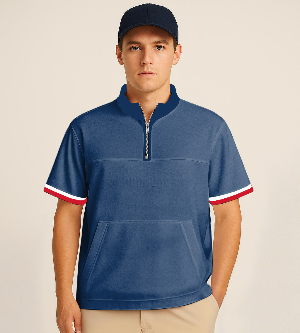 Man wearing navy half zipper turtleneck golf shirt with red and white sleeve stripes and front pocket