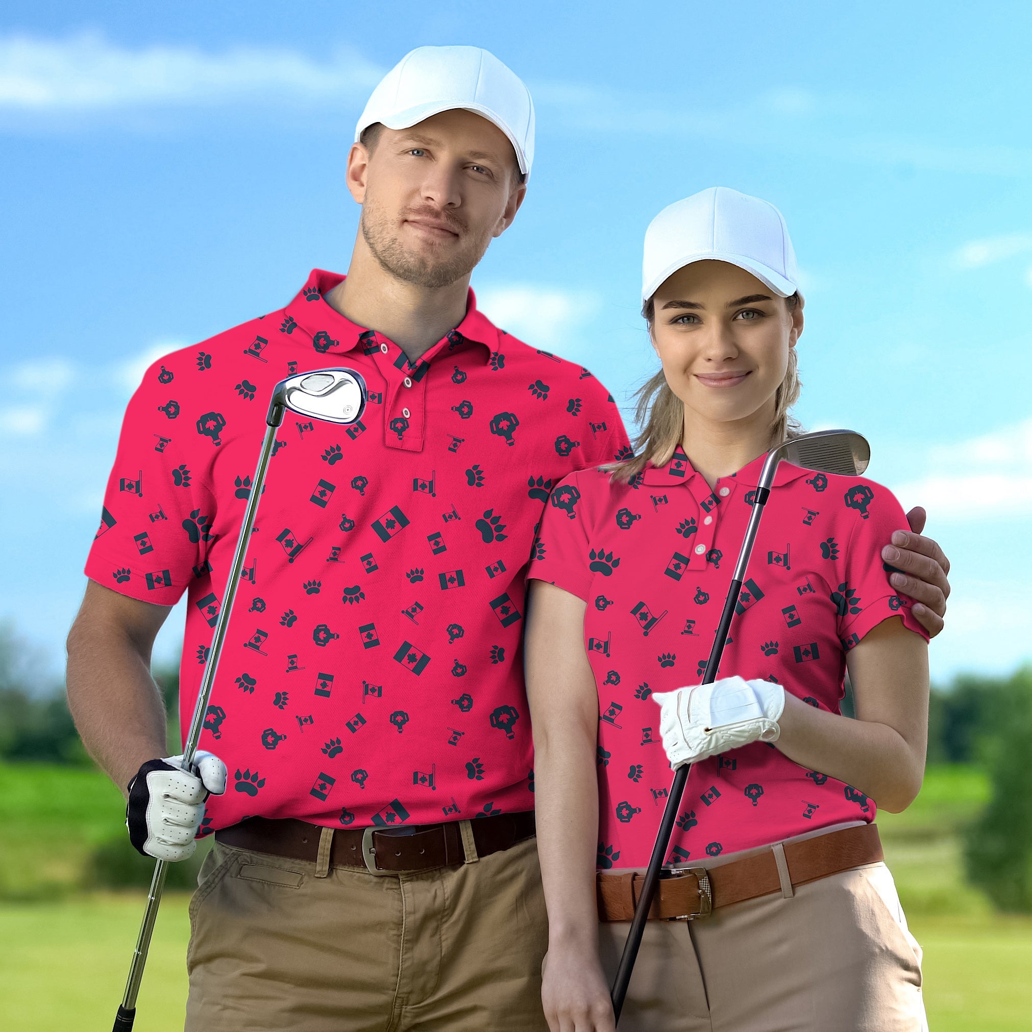 Couple wearing matching red Canadian flag golf shirts with white caps on golf course