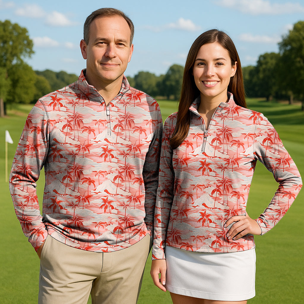 Palm Couple Golf active 3/4 zip long sleeve tops with red palm tree print on light fabric, worn outdoors on golf course