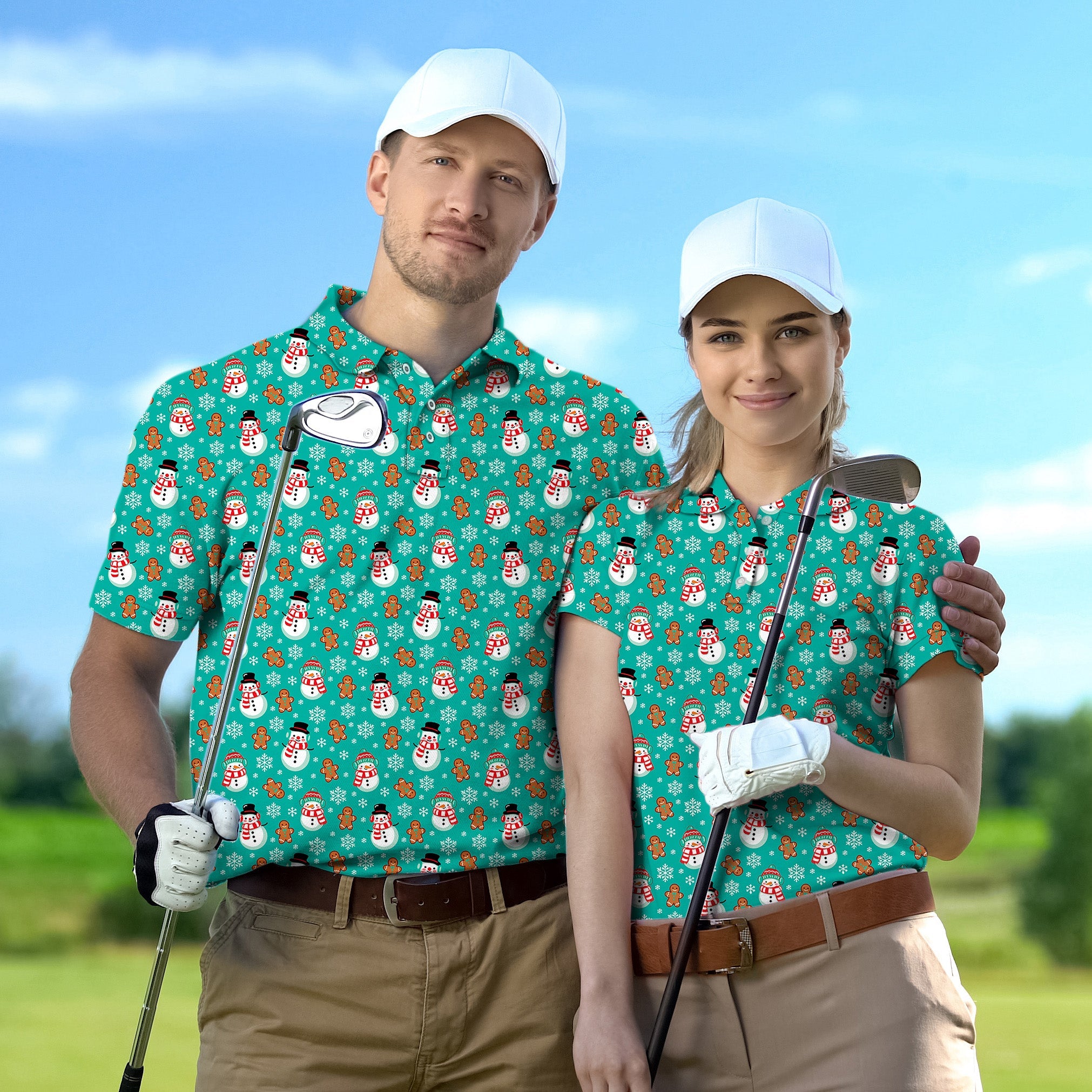 Couple wearing gingerbread snowman golf shirts with white caps on golf course