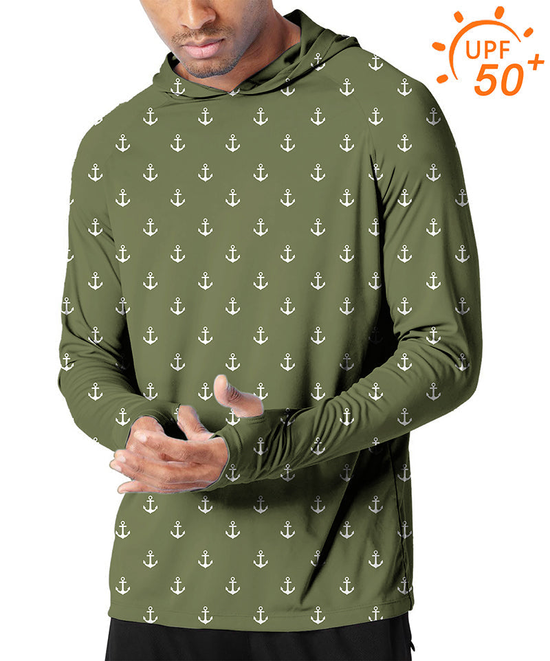 Men's outdoor dark green anchor print golf hoodie with UPF 50+ sun protection and slim fit design