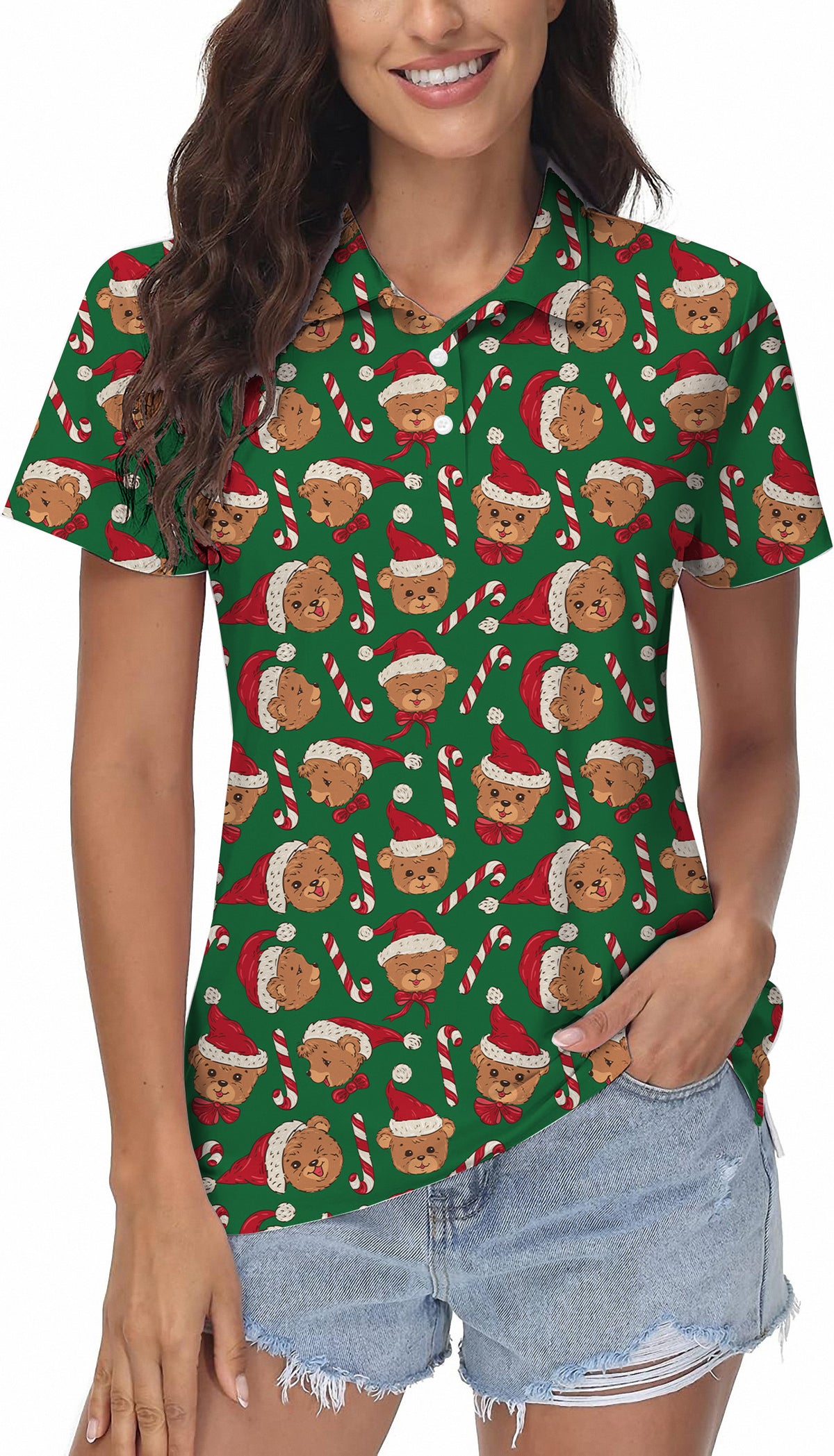 Green Christmas Teddy Bear Women's Golf Polo