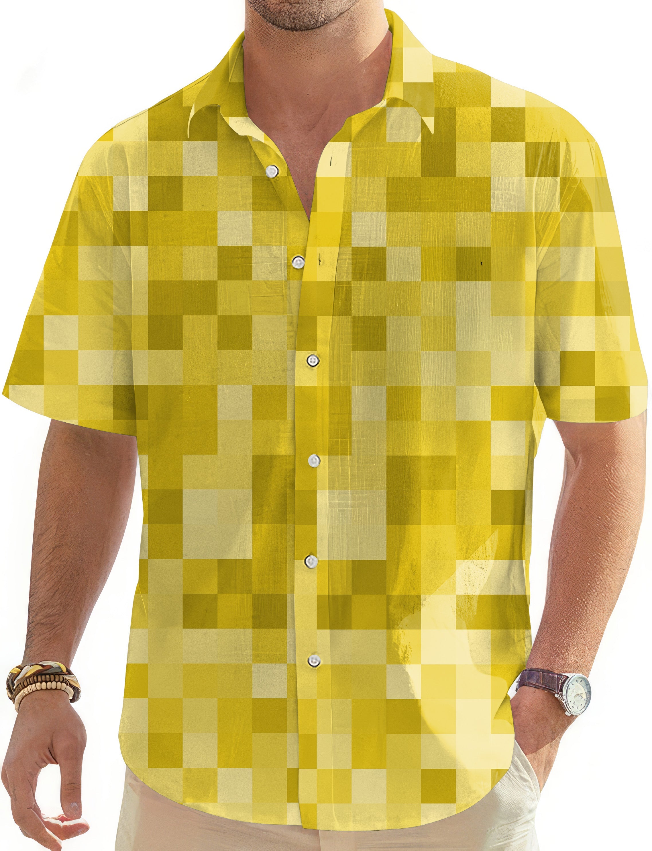 Yellow Pixel Big Men's Golf Hawaiian Shirt with button-down and pixel pattern