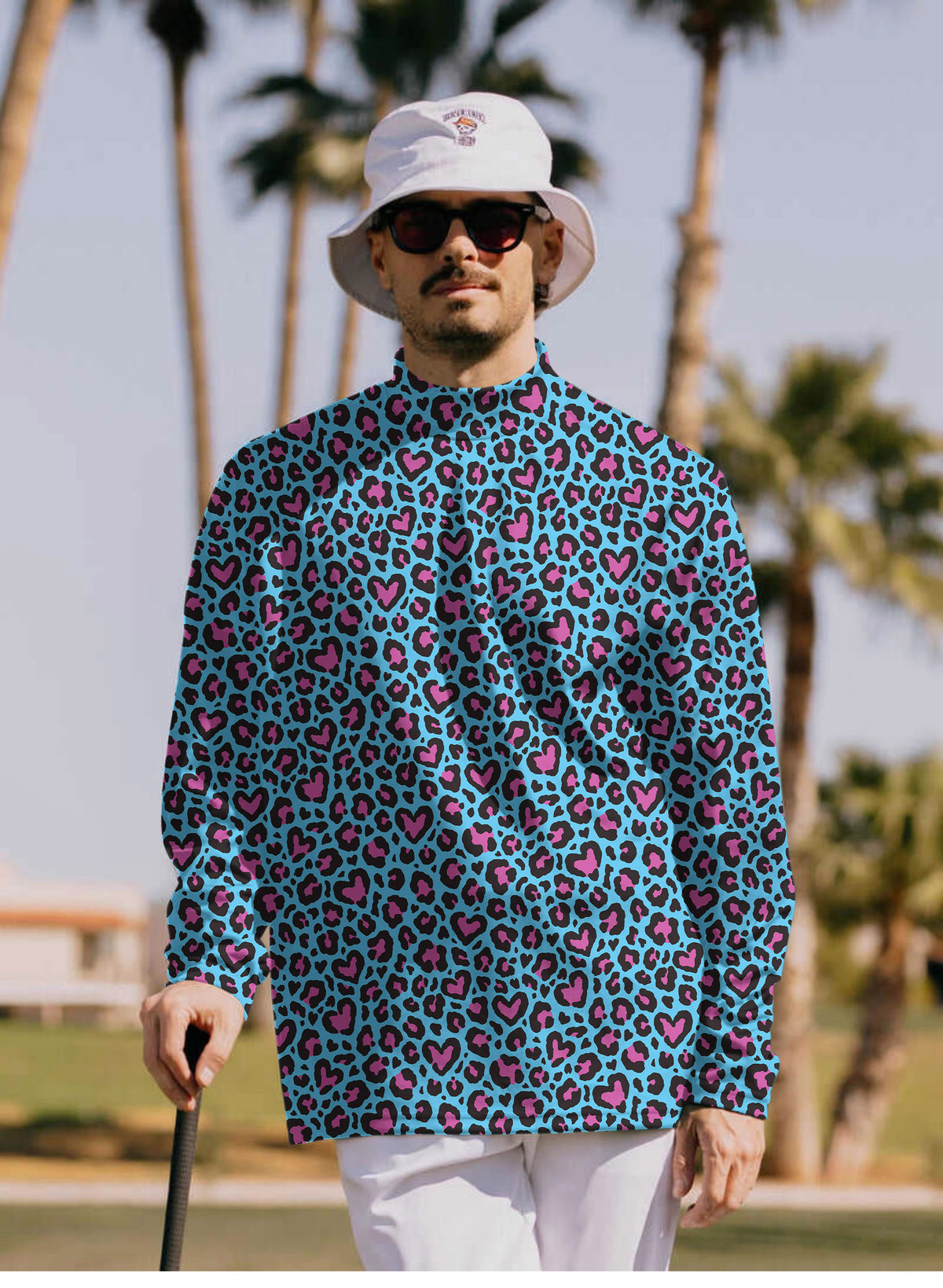 Men's Pink leopard print Mock Neck Long/Short Sleeve Golf Tops
