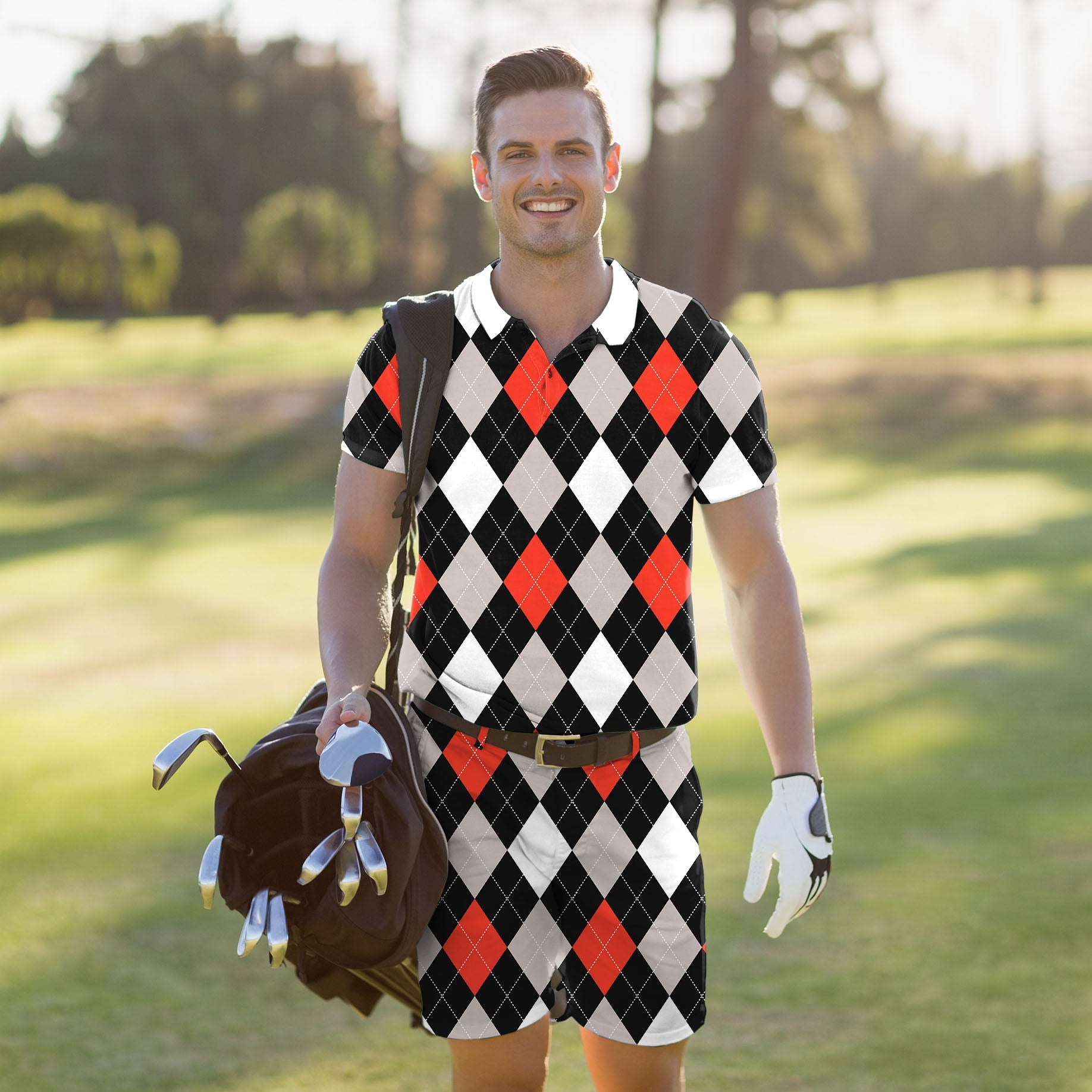 Men's golf set polo and shorts in red and black argyle pattern with four-way stretch and moisture-wicking fabric
