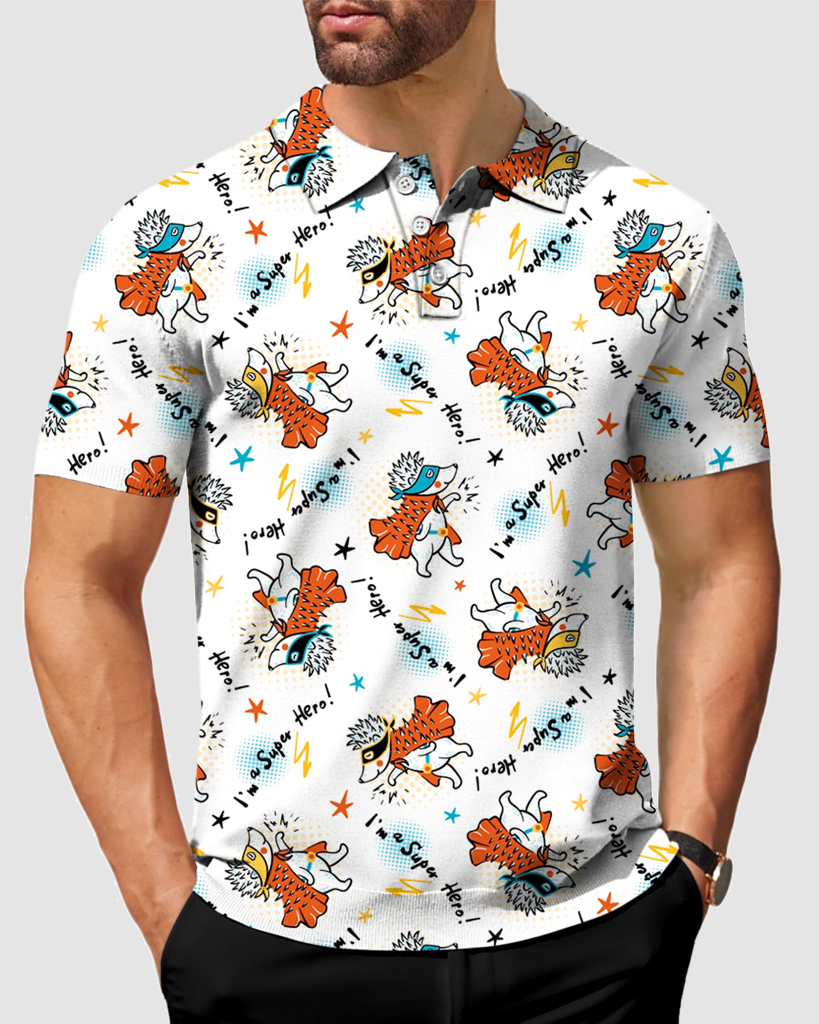 Men's Handsome Hedgehog V Neck Golf Polo Shirts