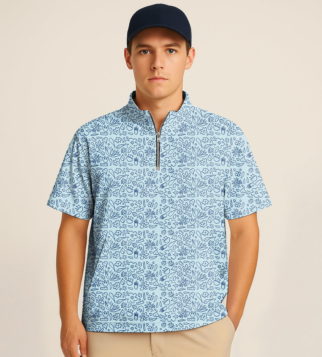 Men's half zipper turtleneck golf shirt with blue flower embroidery and short sleeves