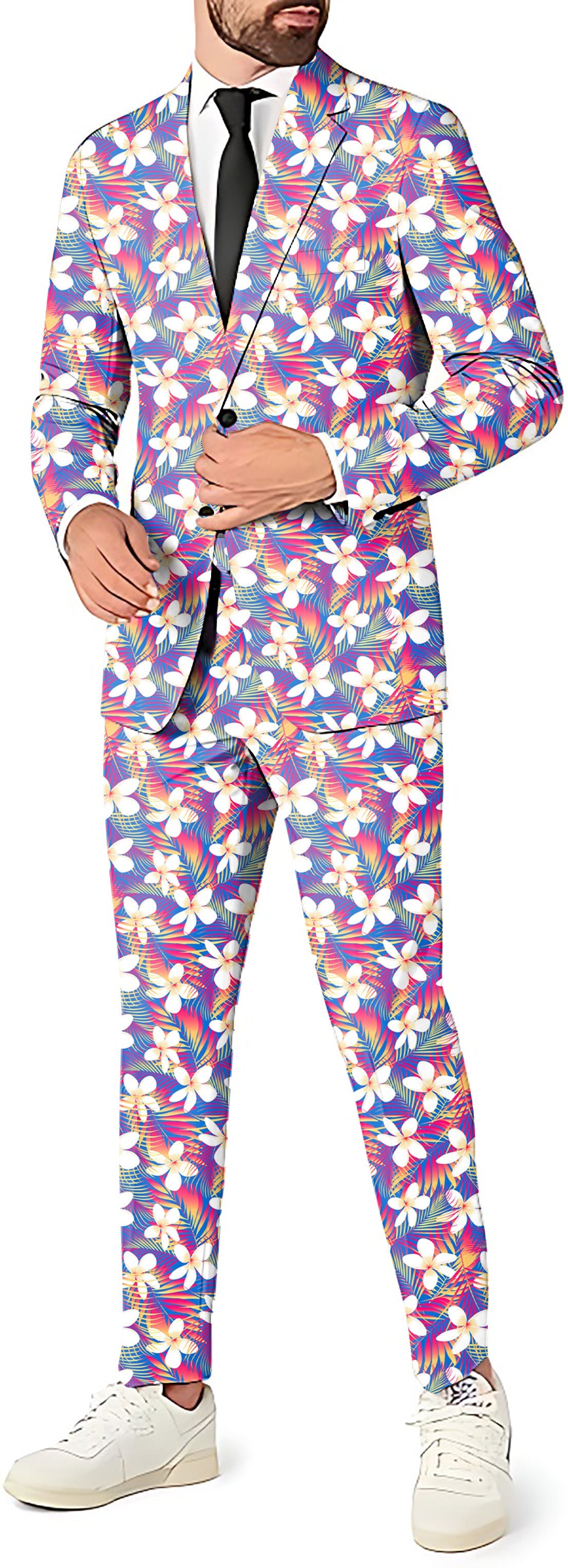 Rainbow Tropics men's party costume suit set with floral blazer, pants, and vest in vibrant colors