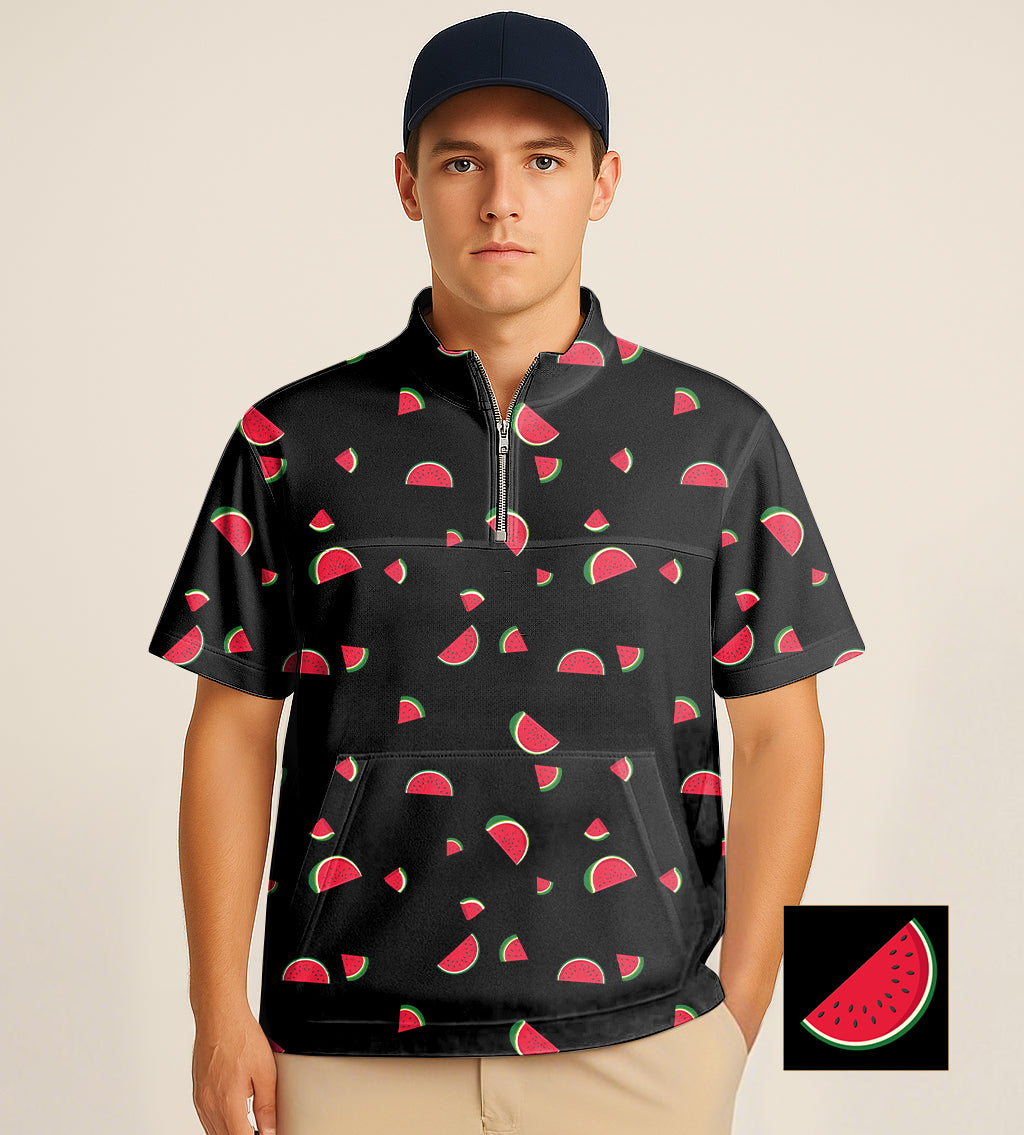 Black half zipper turtleneck golf shirt with watermelon pattern and custom embroidery