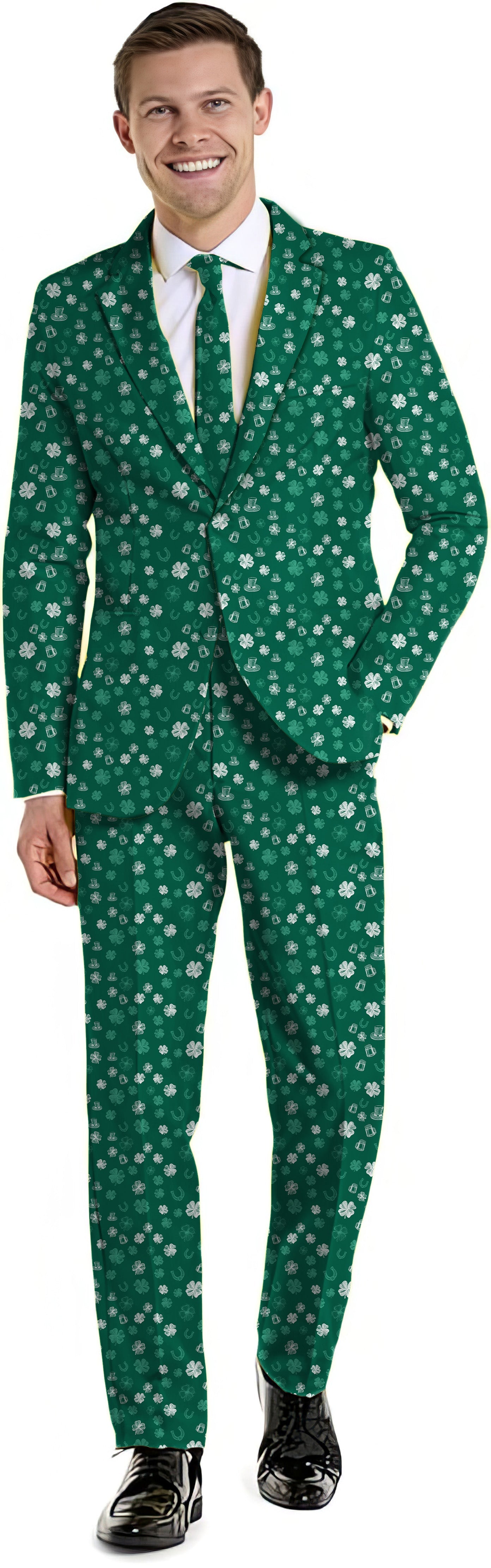 Men's green beer clover leaf St. Patrick's Day suit with blazer, pants, and vest