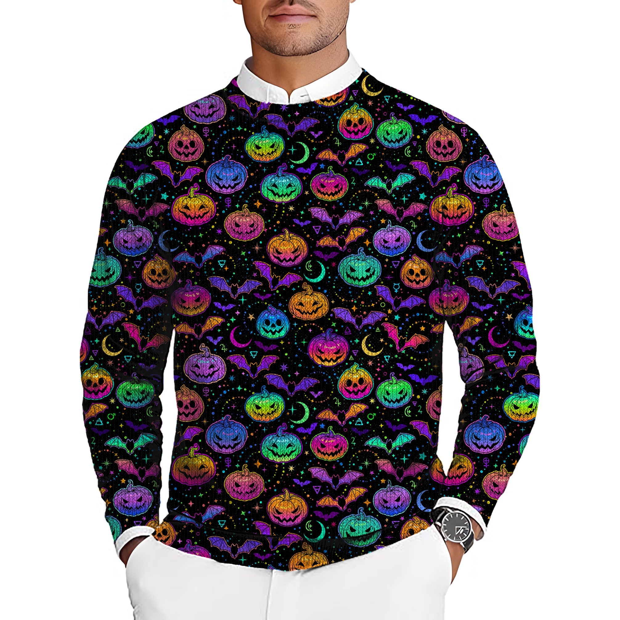 Men's neon Halloween pumpkin golf crewneck pullover sweater with colorful jack-o'-lanterns design