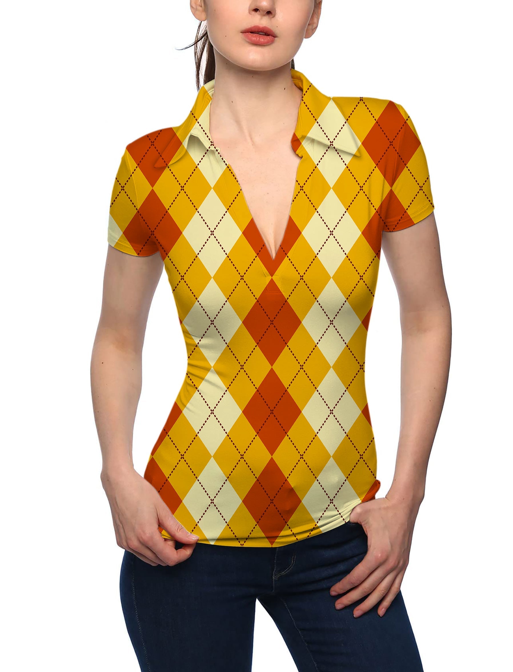 Women's Halloween light yellow red argyle V neck golf polo with short sleeves and stand collar