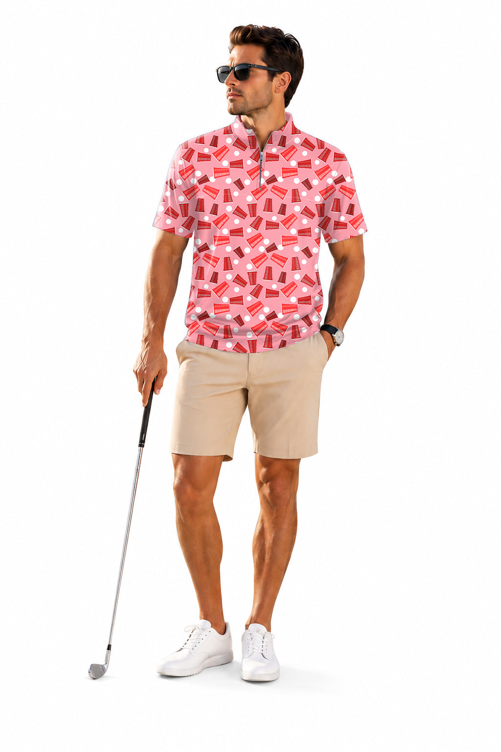 Men's Short Sleeve Quarter Zip Golf Pullover Drinkers Cup Embroidery