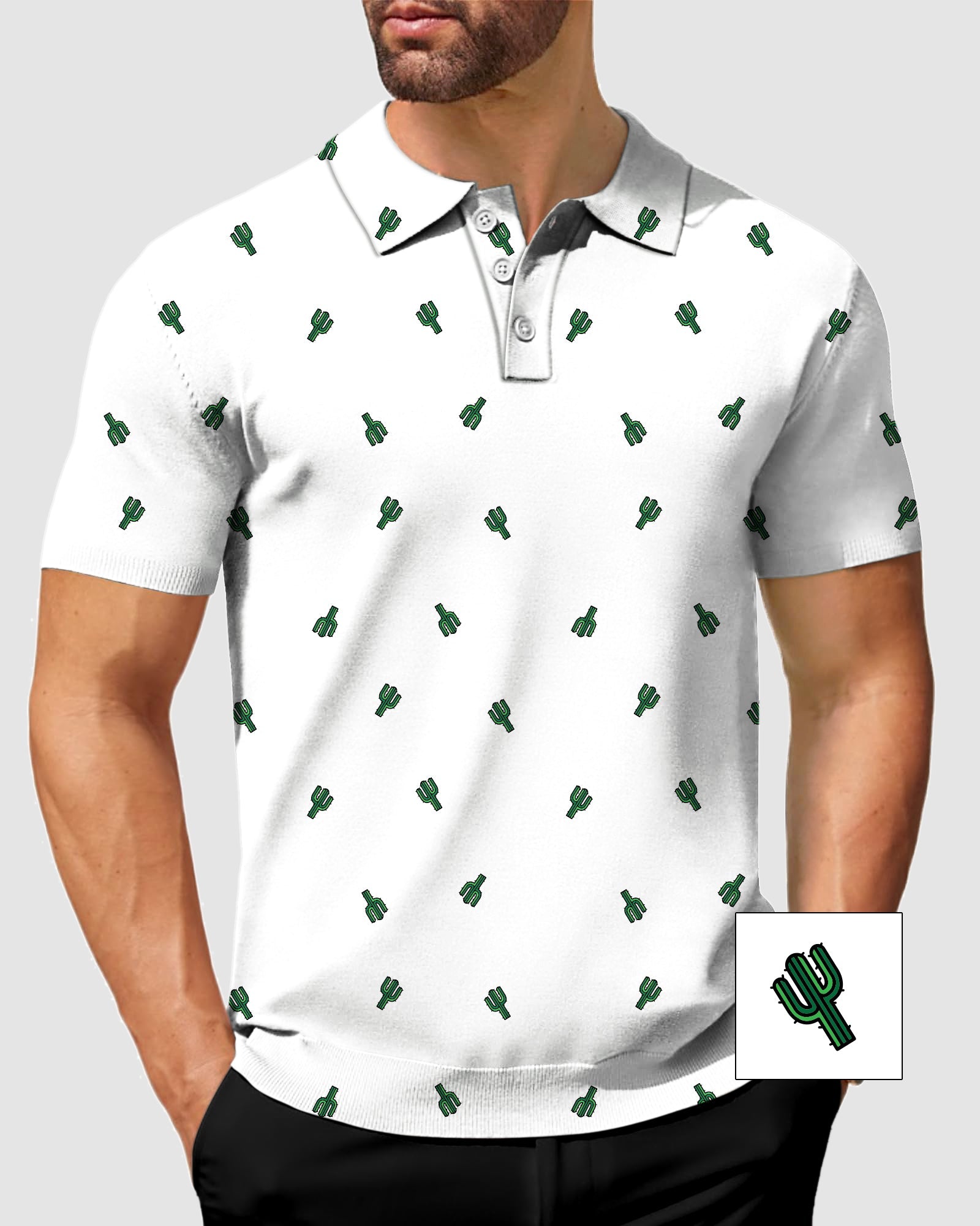 Men's Cactus Custom white polo shirt with green cactus print and classic fit