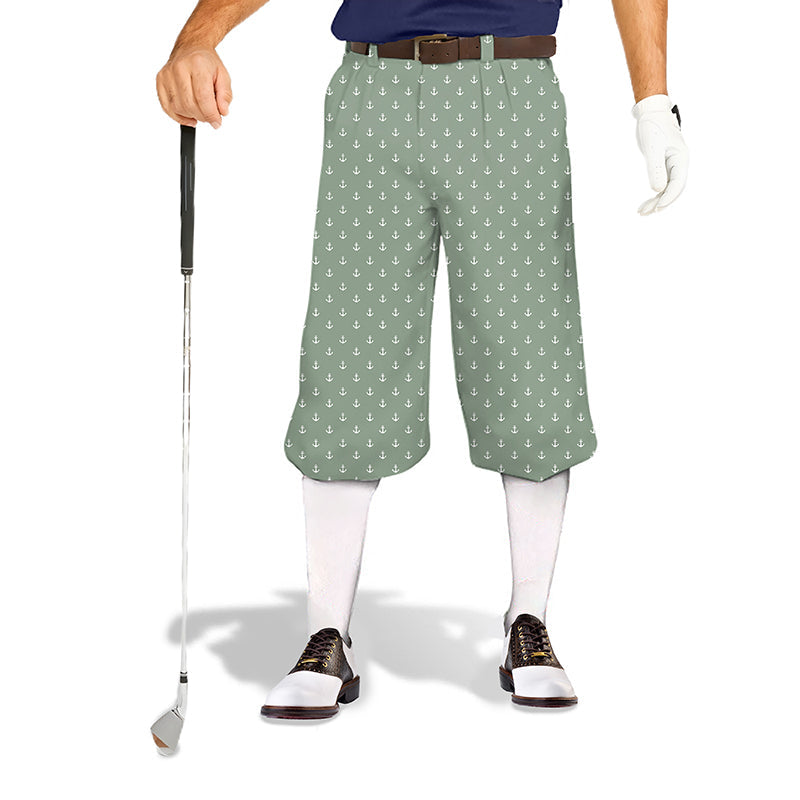 Light green anchor patterned men's golf knickers with snug ankle cuffs and breathable fabric